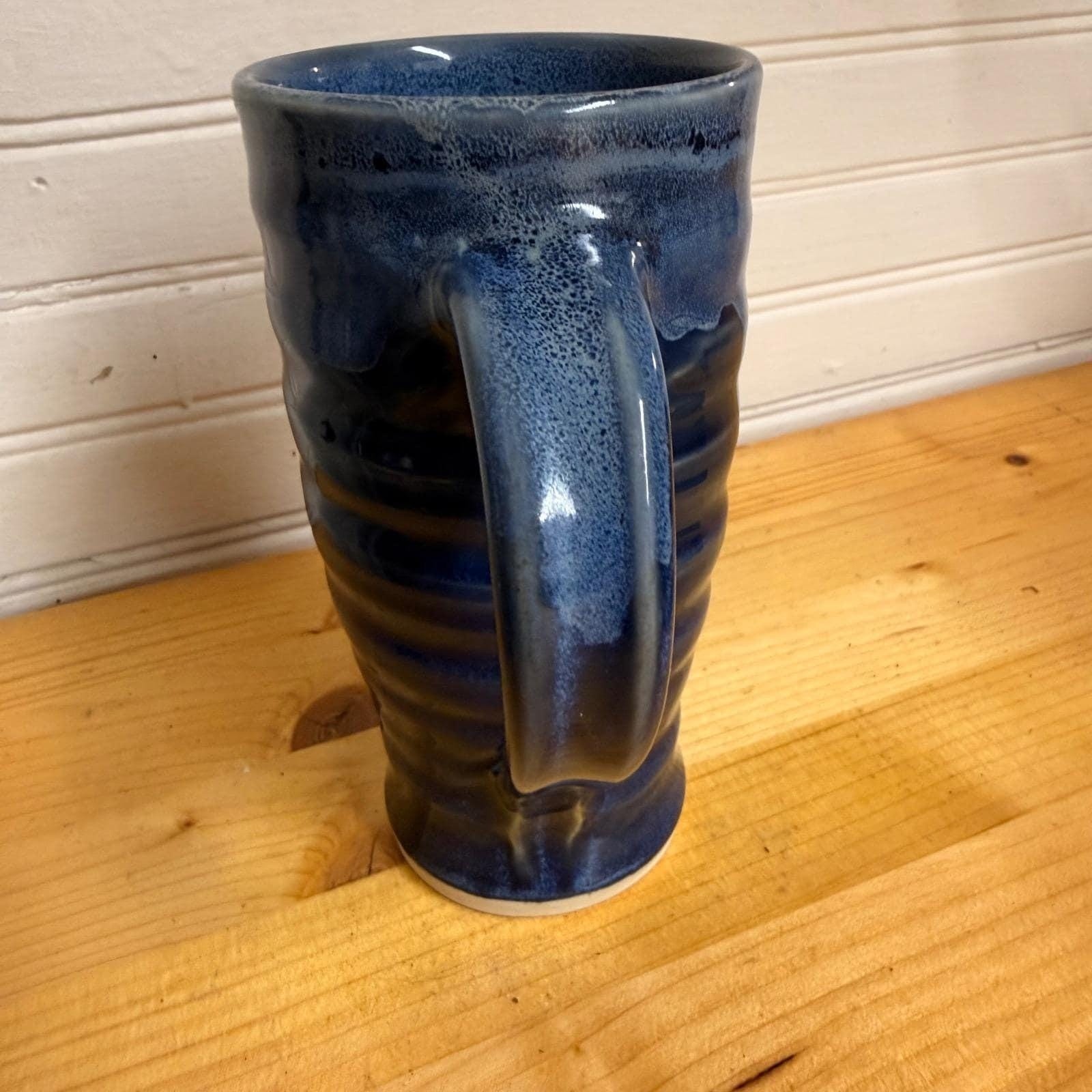 Handmade Studio Art Pottery Tall Mug Blue Glaze Swirl Cozy Coffee Tea 12oz. Mug