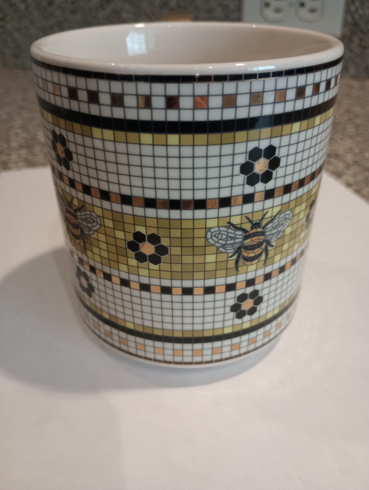 By Anthropologie Bistro Mosaic Tile Bee Stoneware Garden Gold Coffee Mug Cup