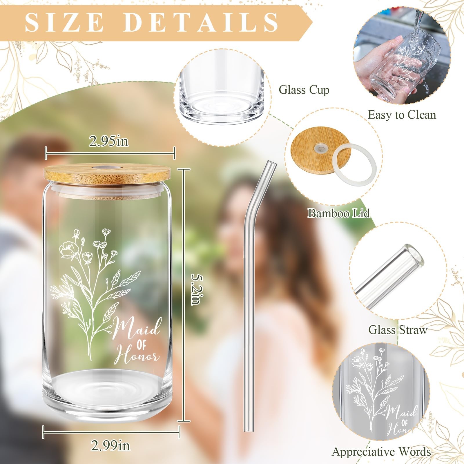 Layhit 3 Pcs 16 Oz Can Shaped Glass Cups with Lids & Straws Bridesmaid Gifts