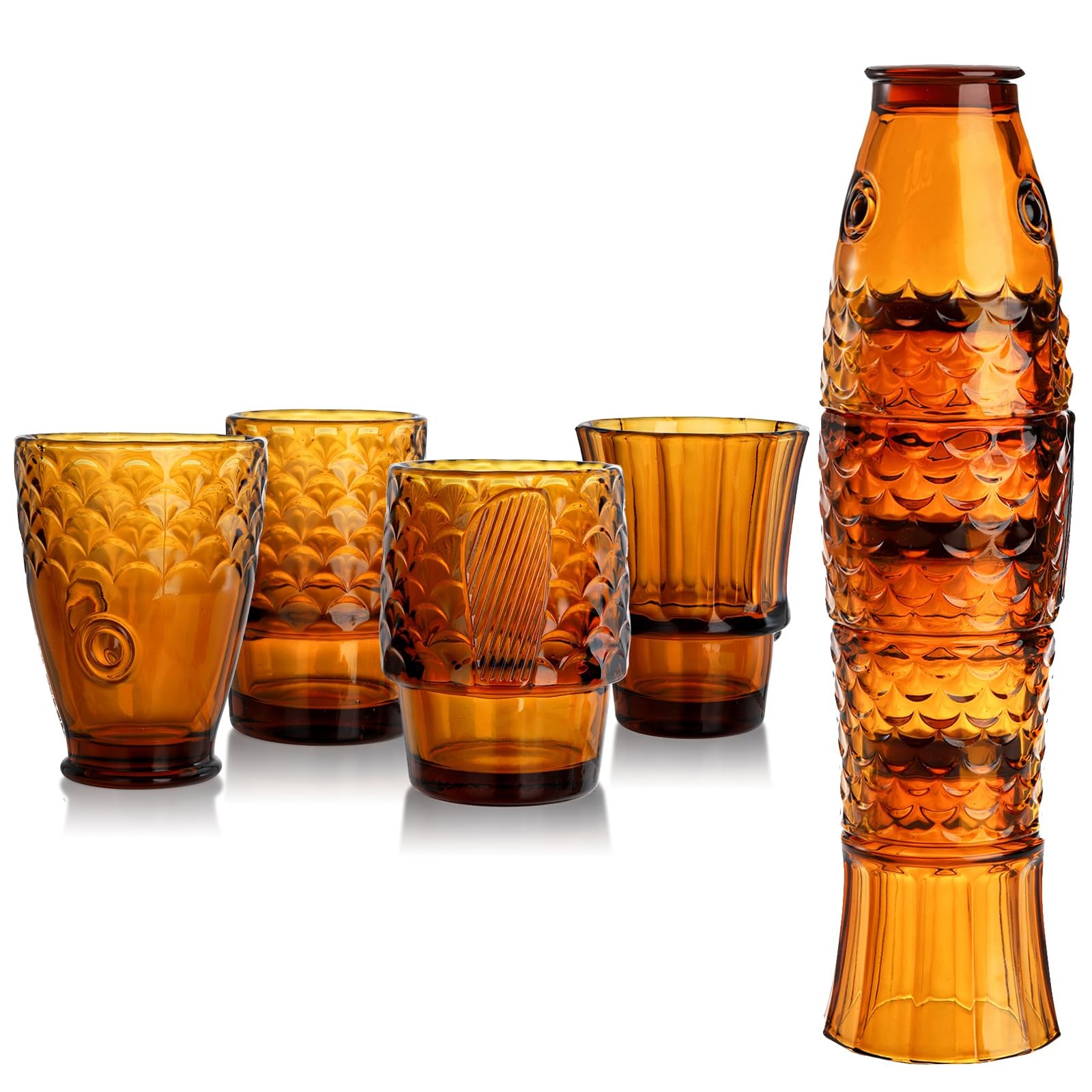 Frcctre Set of 4 Koi Fish Design Drinking Glasses, Stackable Amber Tumbler Gl…