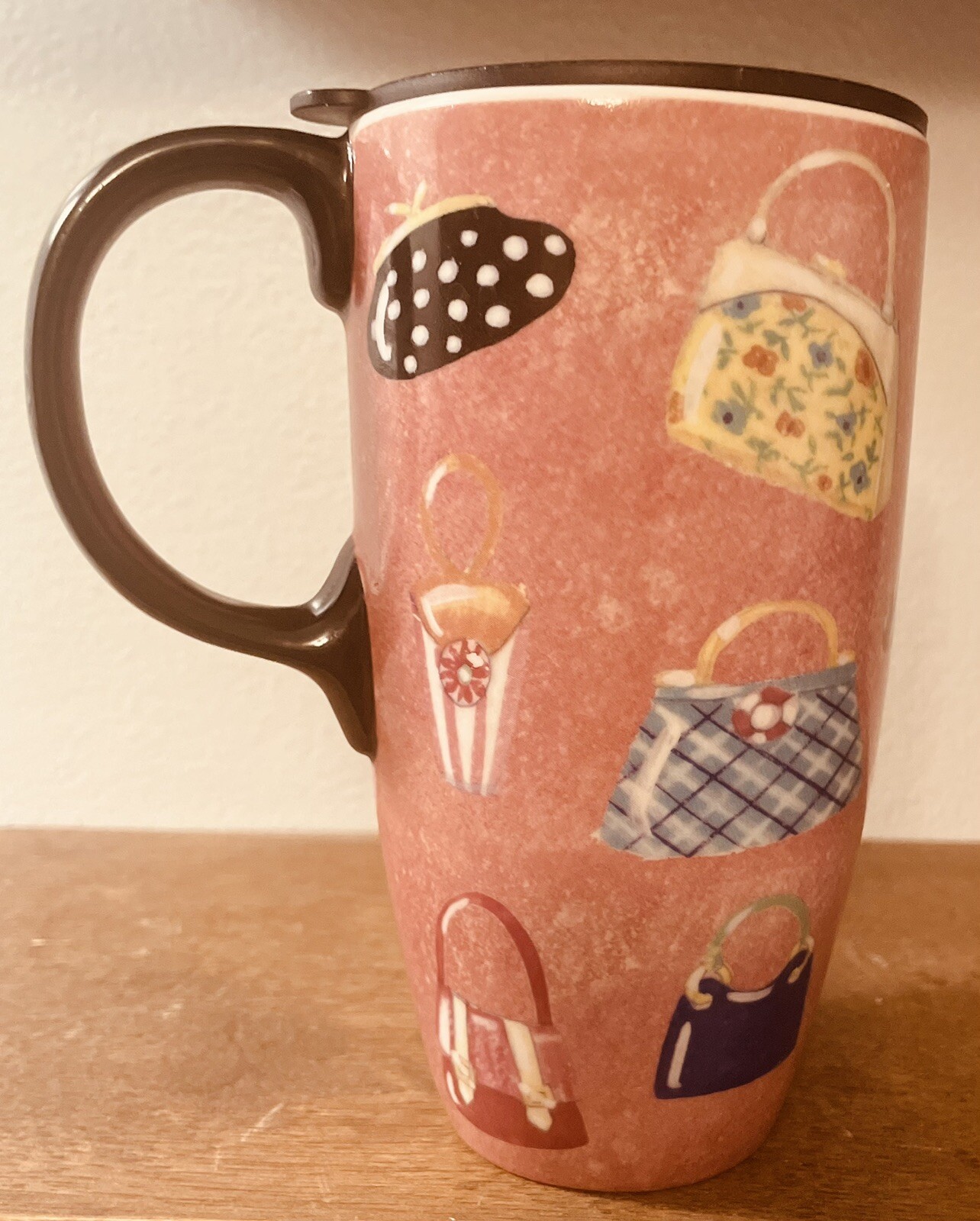Cypress Home Travel Mug Tumbler Lid 16 oz Pink Purse Lovers Ceramic Cup Handle