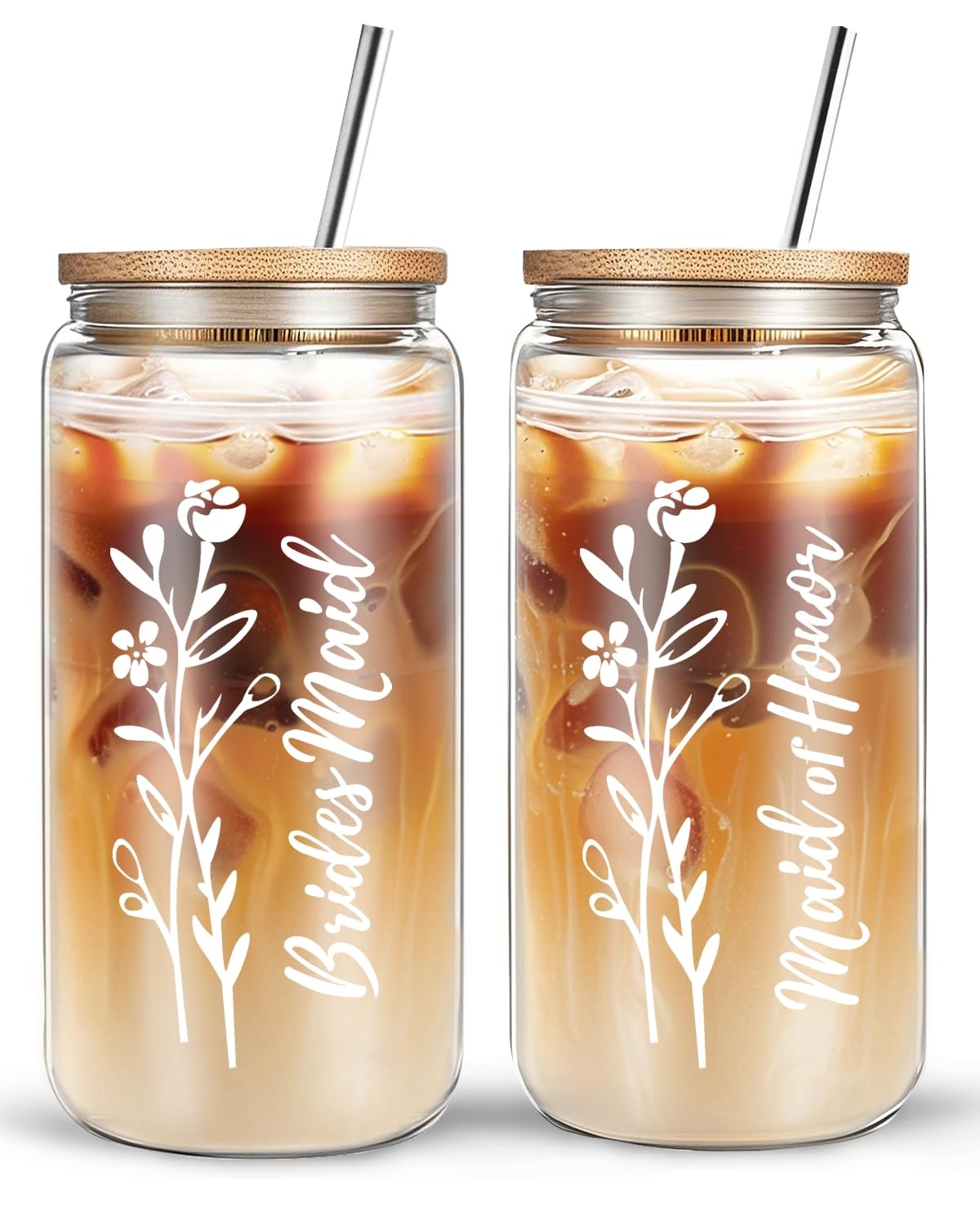 Bridesmaid Proposal Gifts,16 Oz Bride Glass Cups with Bamboo Lids and Straw, …