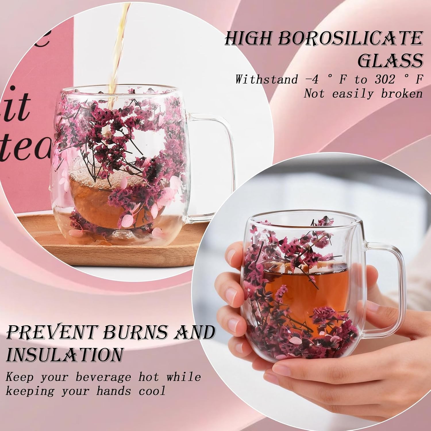 Real Flower Glass Tea Cup, Double Wall Borosilicate Coffee Mug with Preserved