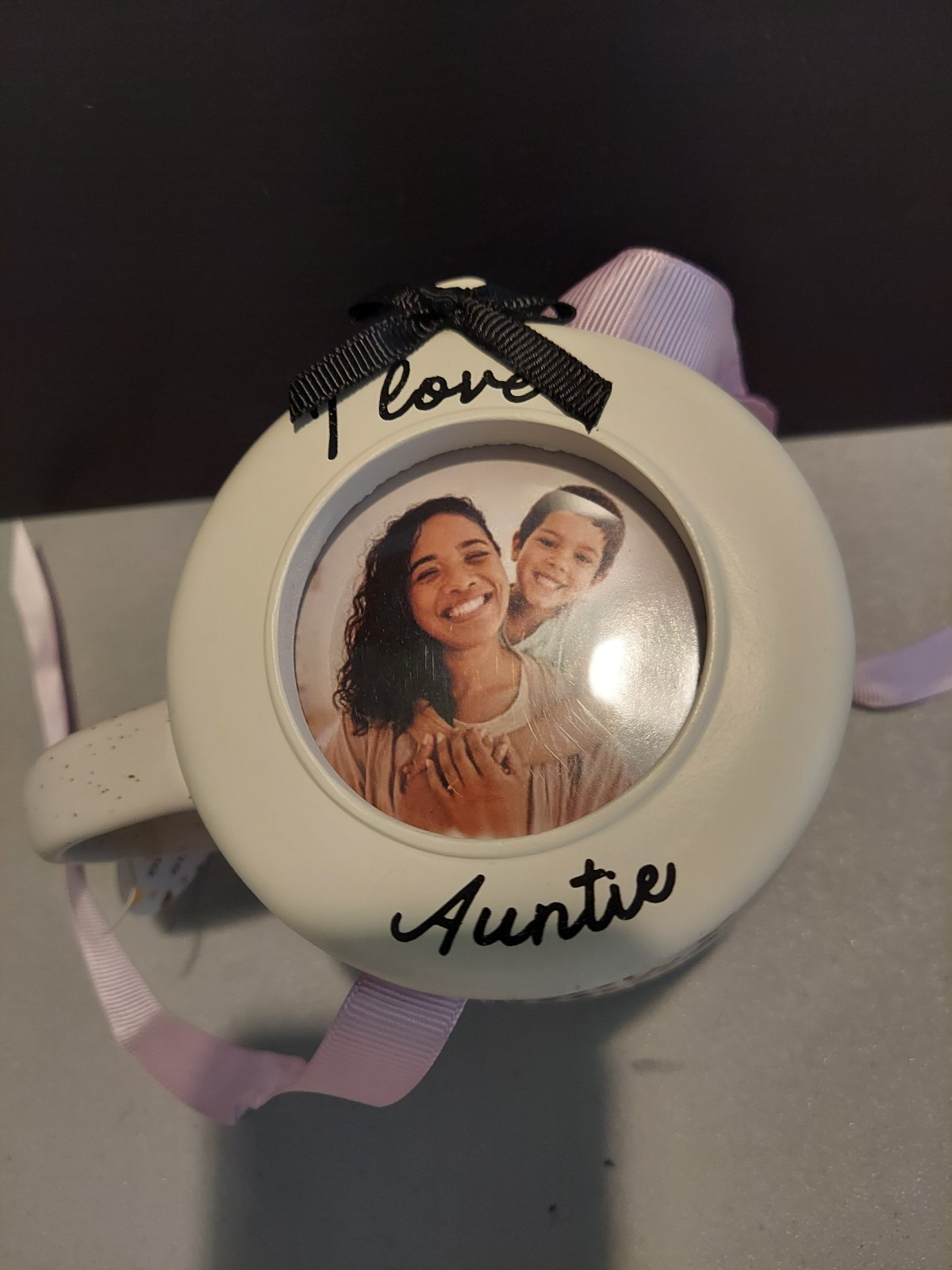 Aunt Photo Ornament Coffee Mug White Ceramic Black Fonts & Hearts -See Descript.