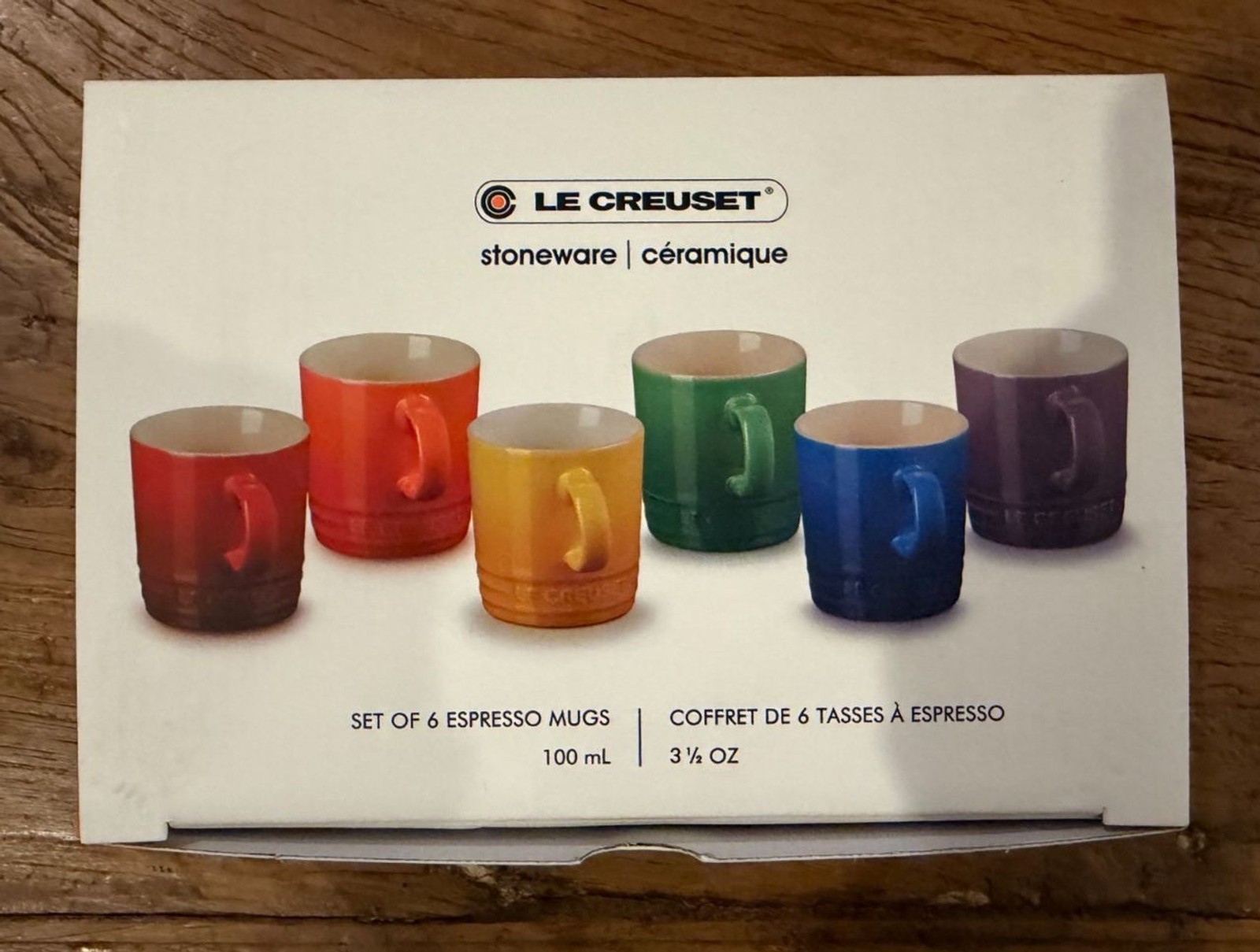 Le Creuset Stoneware Rainbow Multicolor Set of 6 3.5oz London Espresso Mugs NEW