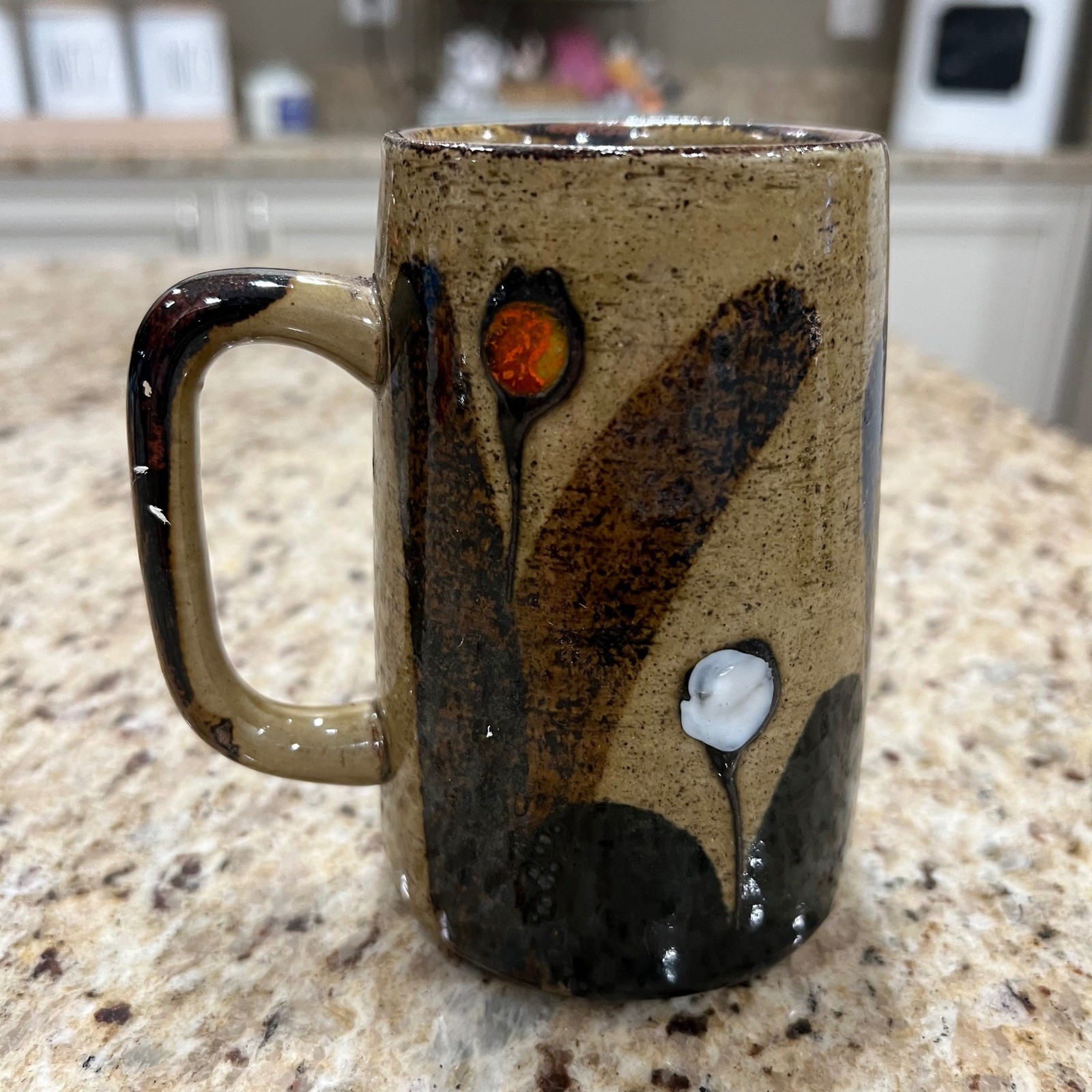 Studio Pottery Handcrafted Mug Earth Tone Abstract Floral Speckled Stoneware Cup