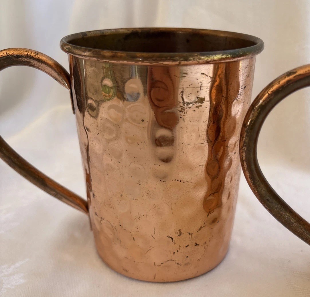 Vintage Hammered Copper Moscow Mule Mugs – Pair of 2, Rustic Patina Barware
