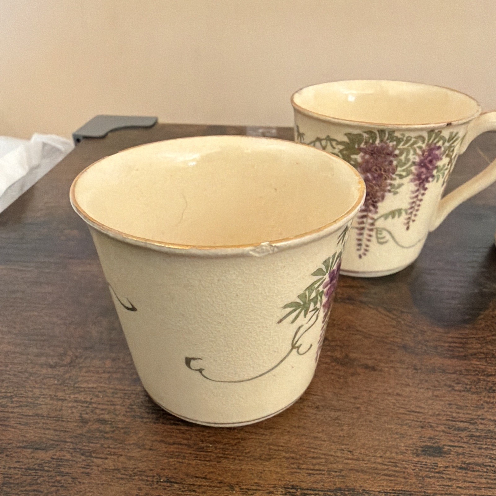 Set of 3 Ceramic Coffee Mugs Cream Purple Floral Vine Gold Rim 8 fl oz