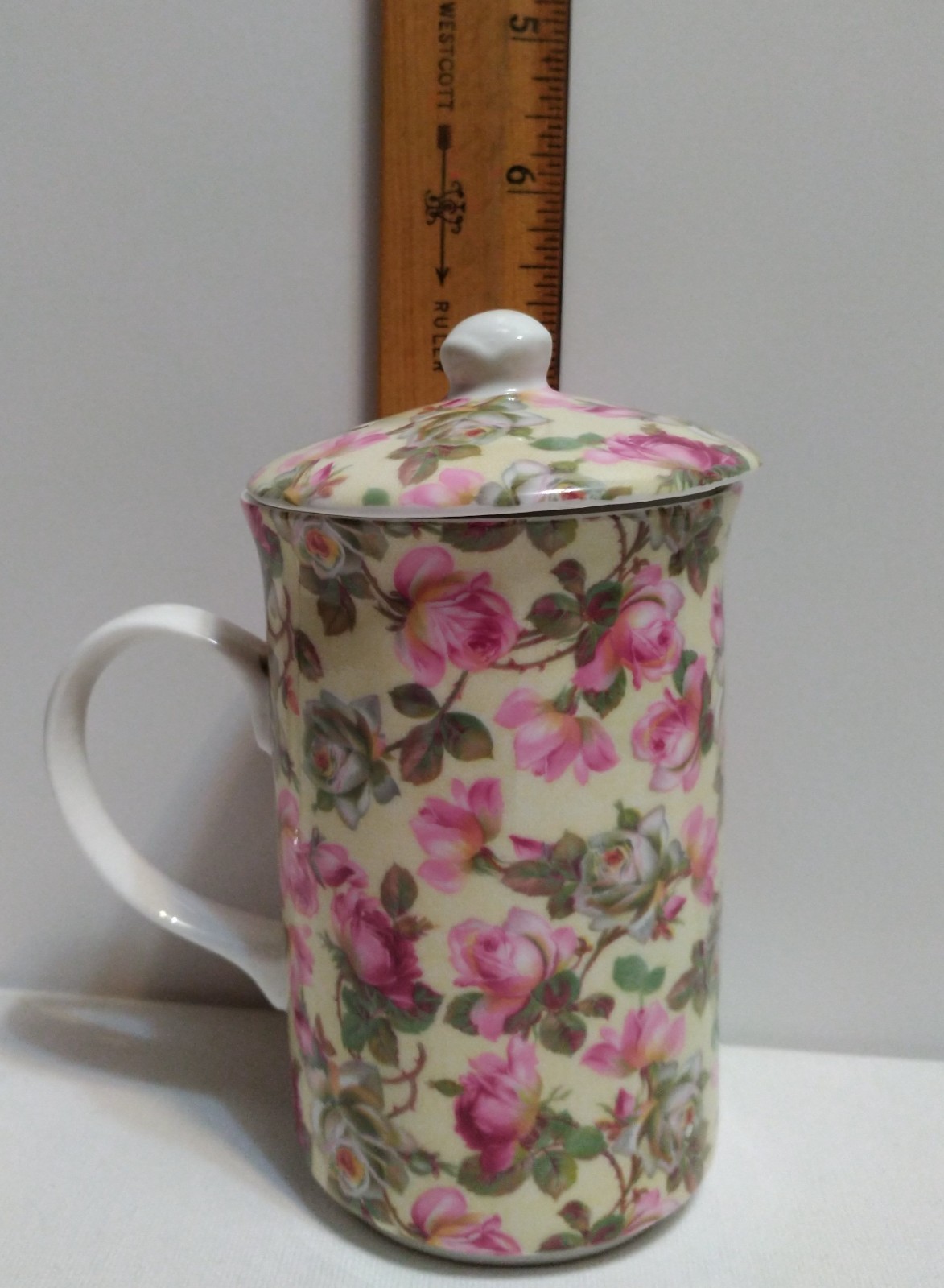 ROYAL PATRICIAN Fine Bone China Pink Rose Floral Tea Cup Mug with Lid England
