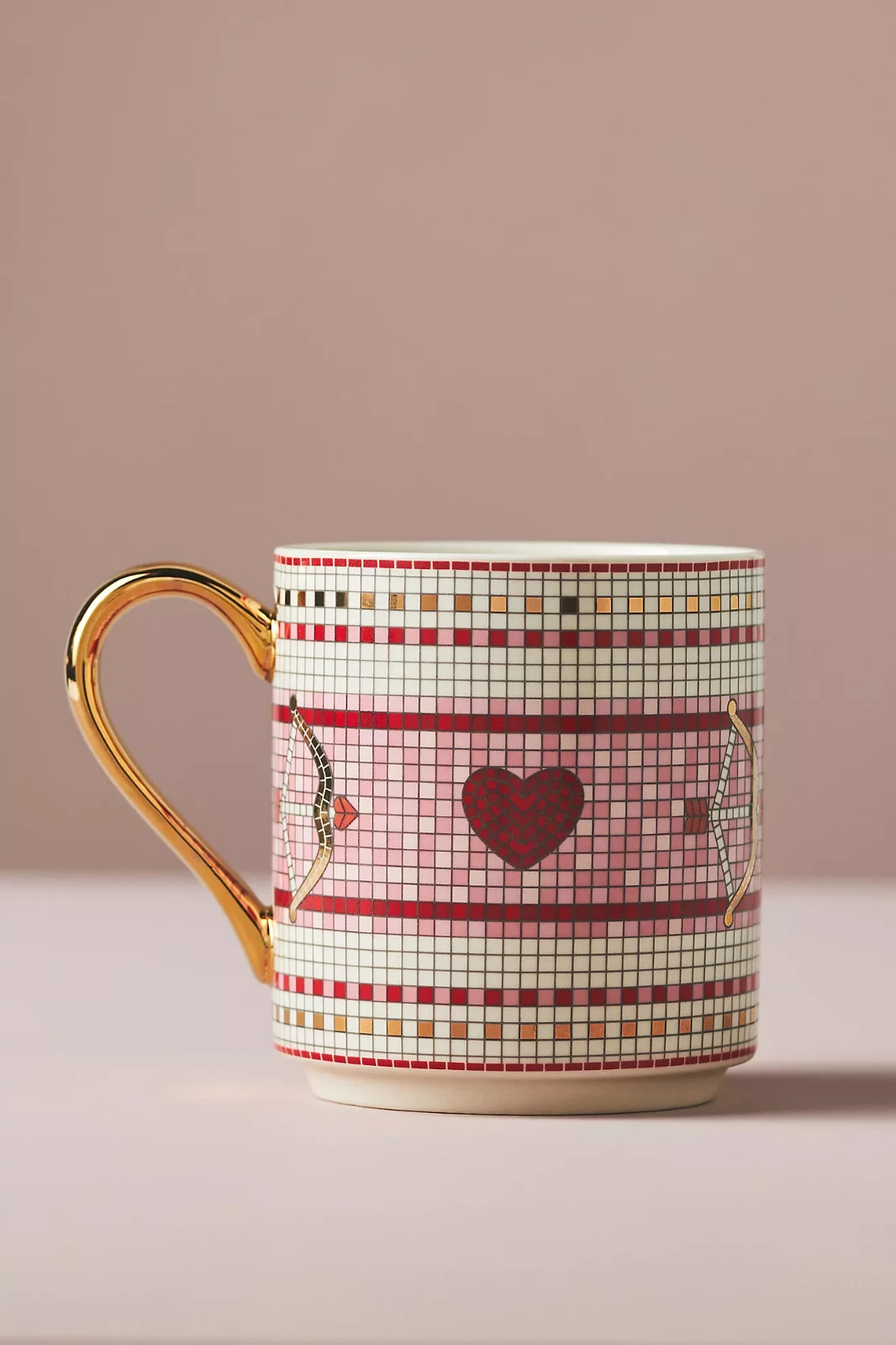 NEW Anthropologie Bistro Tile Stoneware 24k Gold Accent Mug, Valentine Edition