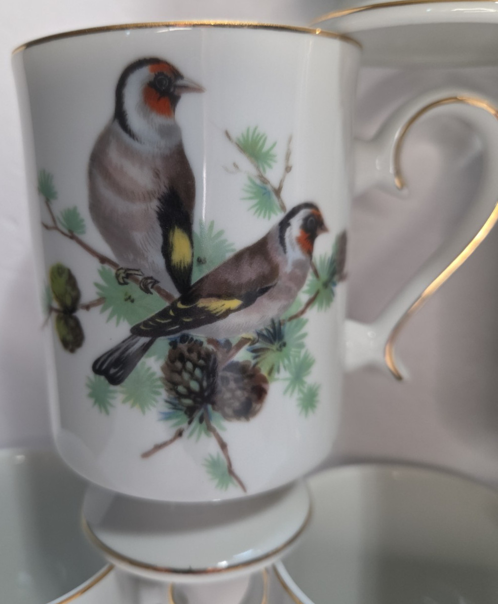 6 Vintage Royal Crown Love Birds Coffee Mugs Cups Pedestal Gold Trim Bird Lovers