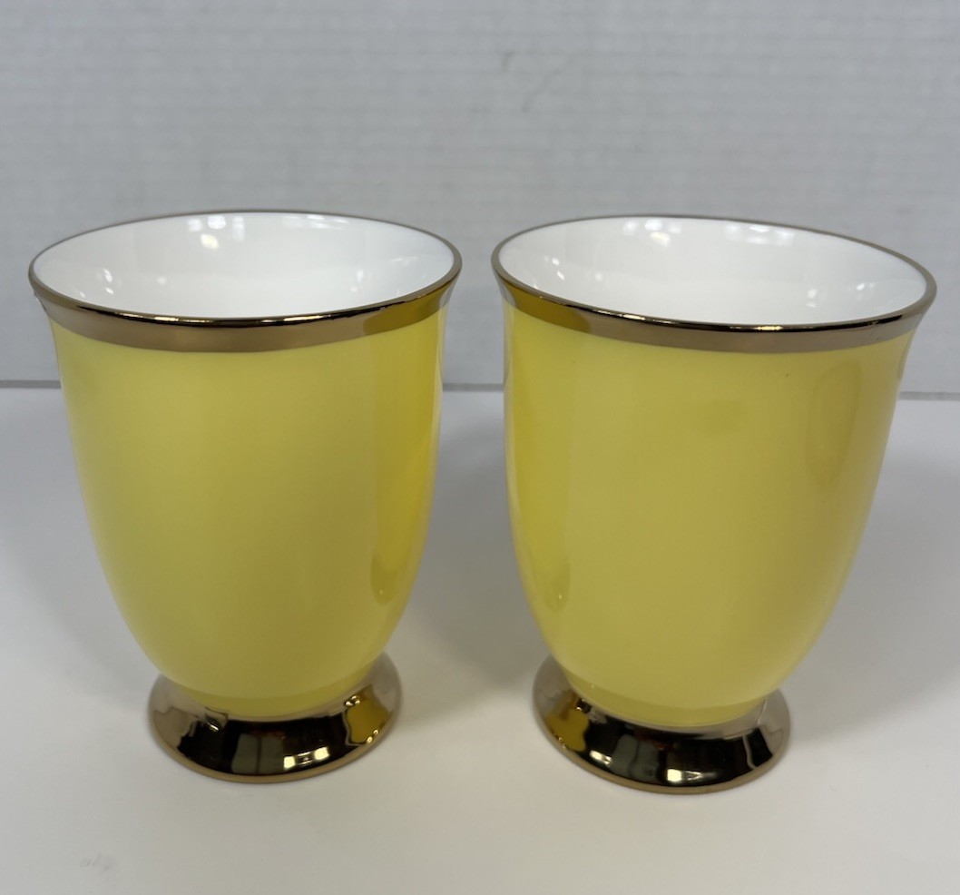 Grace Teaware Fine Porcelain Footed Coffee Tea Mugs Yellow Gold Trim Set of 2