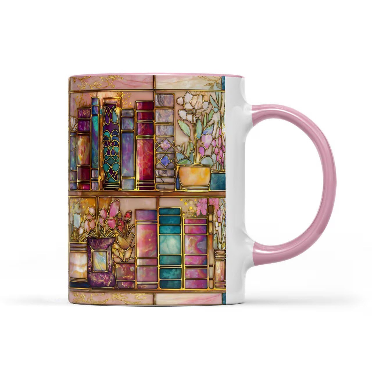 Bookish Faux Stained Glass Mug Colorful Books Flowers Ceramic Coffee Cup Gift