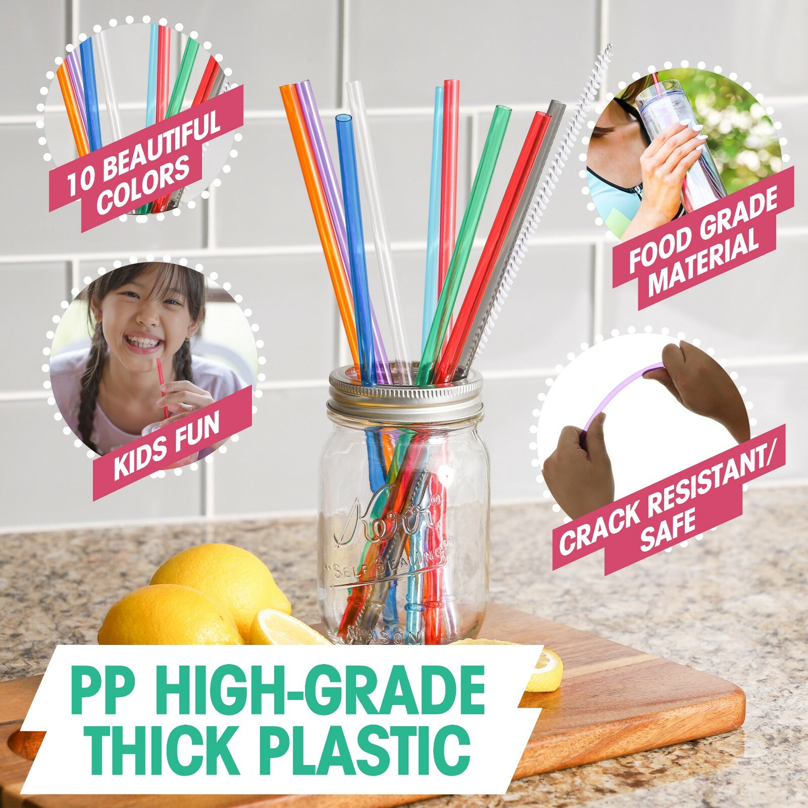 California Straw Acrylic Straw Set of 10, With Cleaning Brush