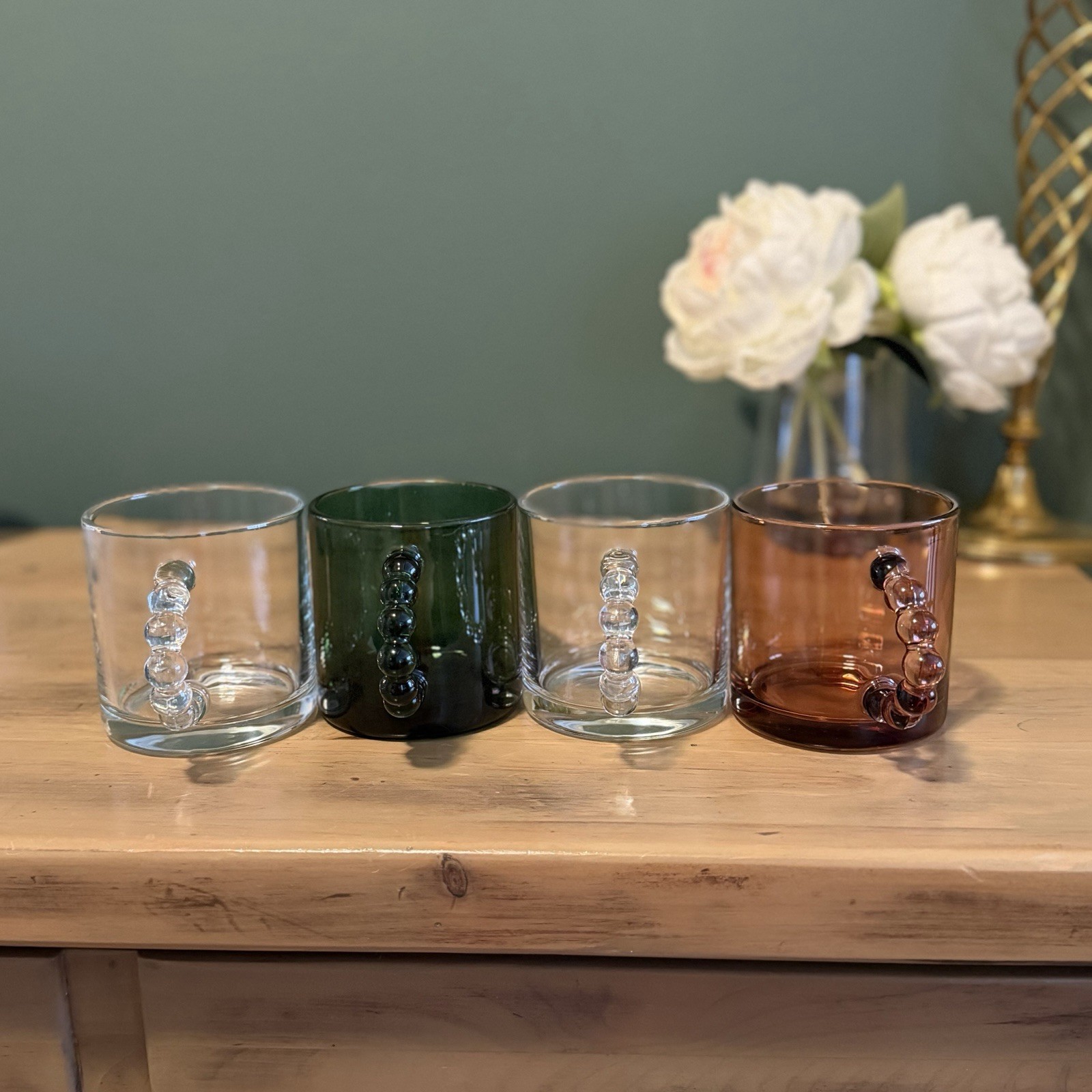 Set of 4 Glass Mugs Bubble Handle Clear Green Amber Modern Coffee Cups