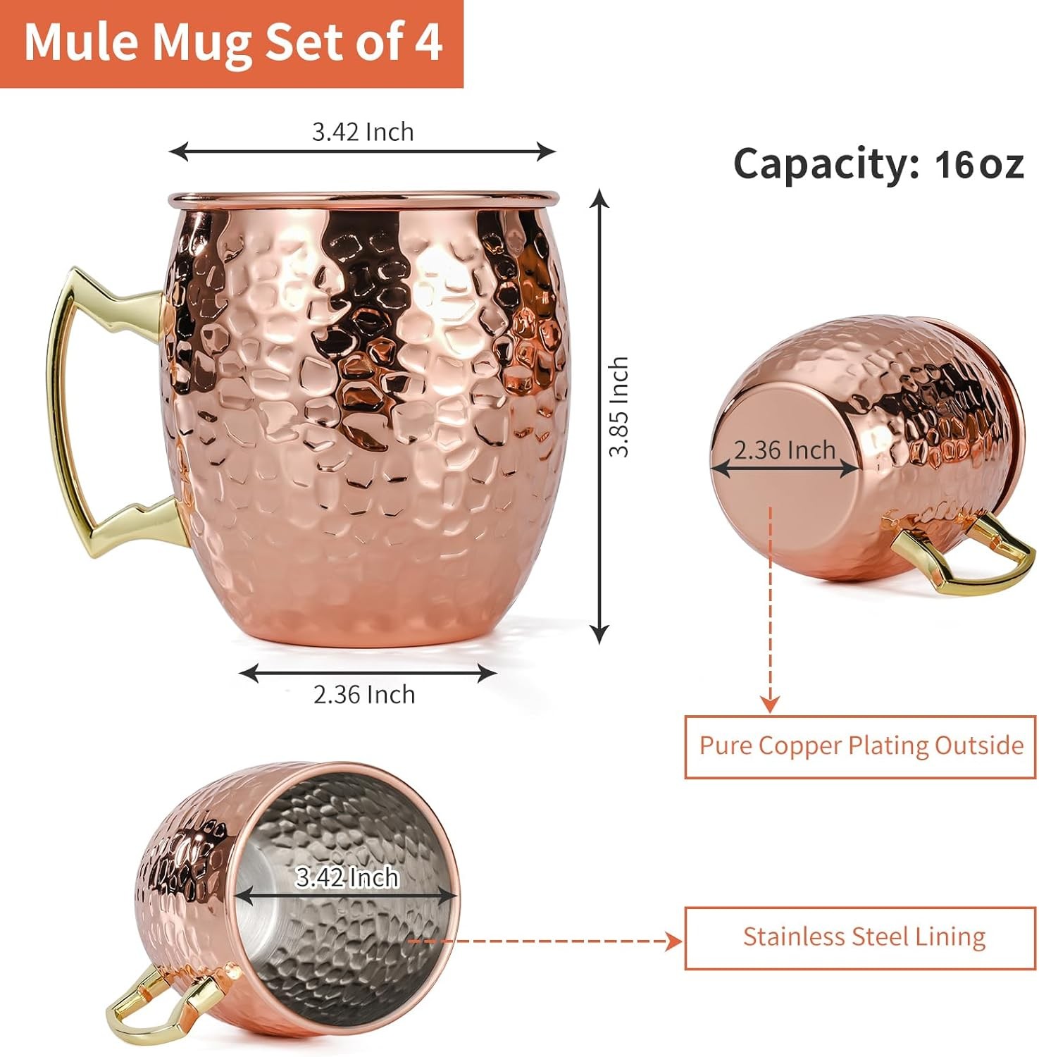 Moscow Mule Mugs Set of 4 16OZ Hammered Copper Cups with 304 Stainless Steel