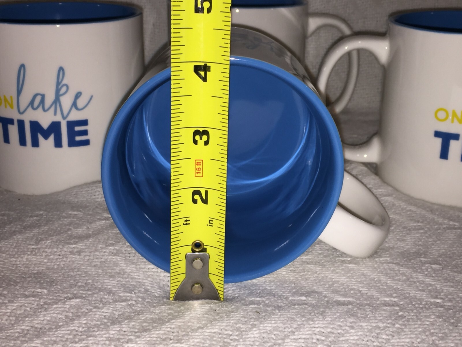 Set of 4 Clay Art 18 oz “On Lake Time” White and Blue Handle Coffee Mugs F159787