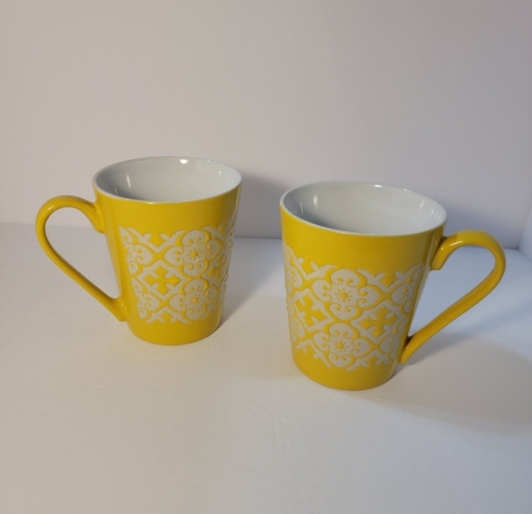 Gibson Home Yellow Ceramic Geometric Coffee Mugs Set of 2 Dishwasher Safe