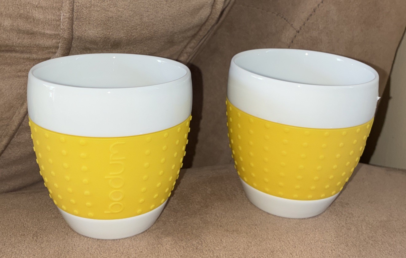2 BODUM Pavina 8oz Porcelain Cups Yellow Dotted Silicone Grip Switzerland