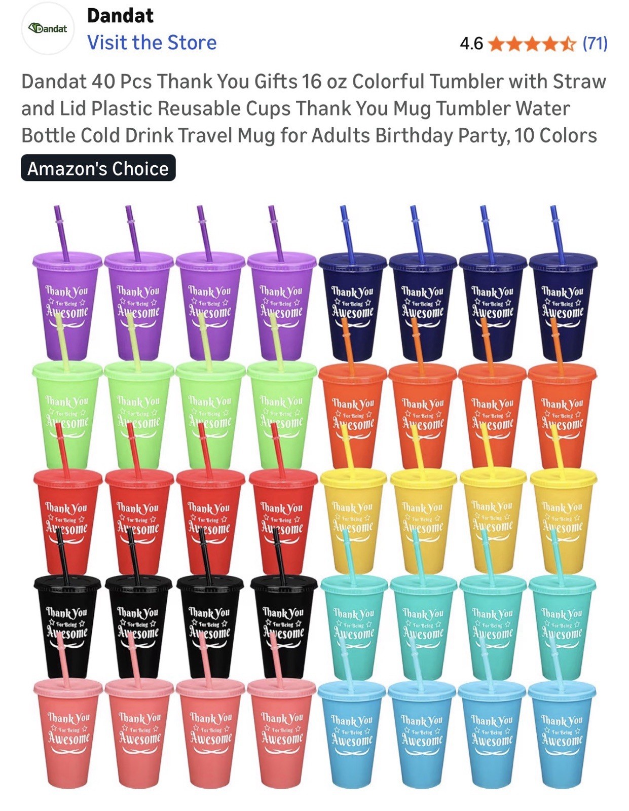 Dandat 40 Pcs Thank You Gifts 16 oz Colorful Tumbler with Straw and Lid Plastic