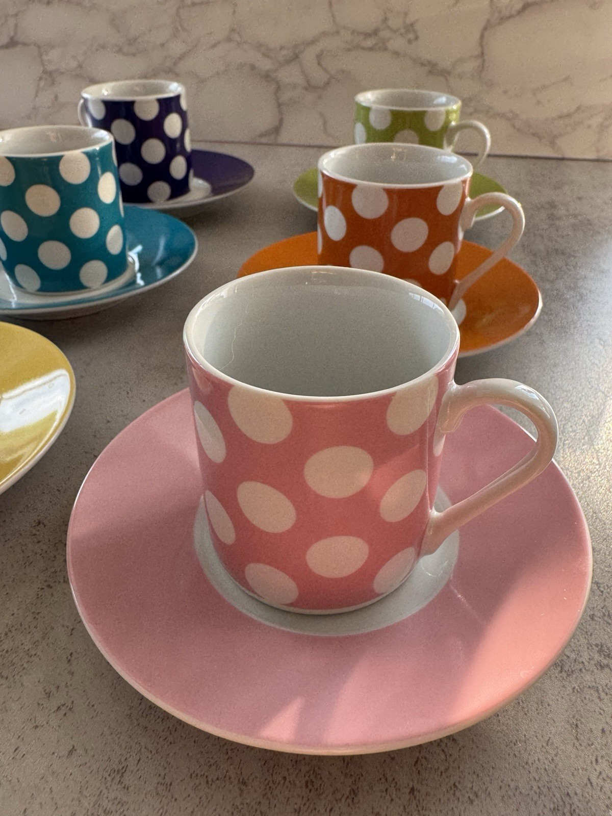 Colorful Polka Dot Espresso Cups & Saucer Set of 6 | Retro Dots