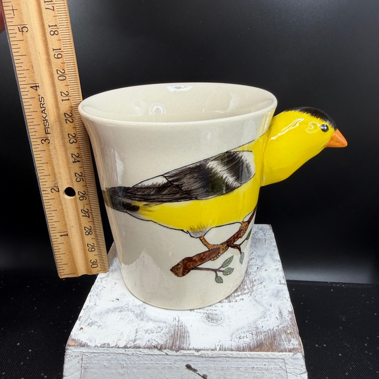 Hand Painted Goldfinch Bird Coffee Mug 3D Handle Ceramic Tea Cup Thailand 3.5in