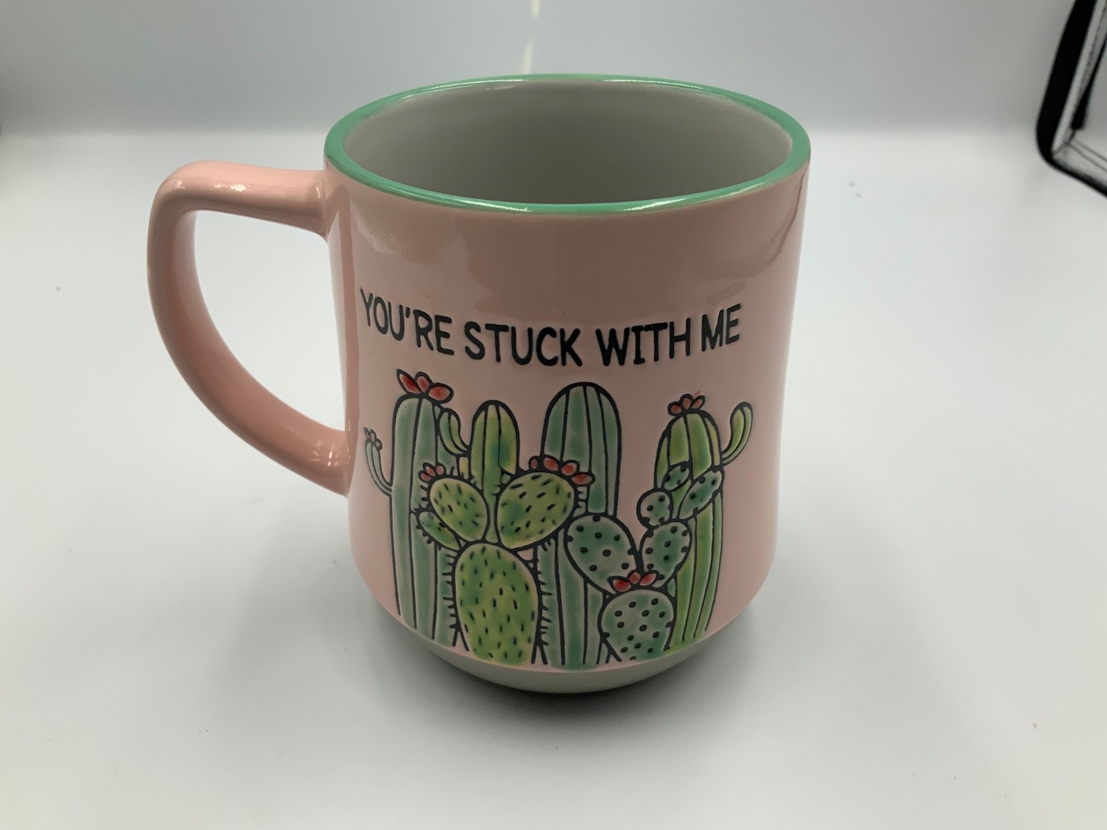 Cactus Themed Ceramic Mug “You’re Stuck With Me” Pink Gray new 4.5×3.5 in.
