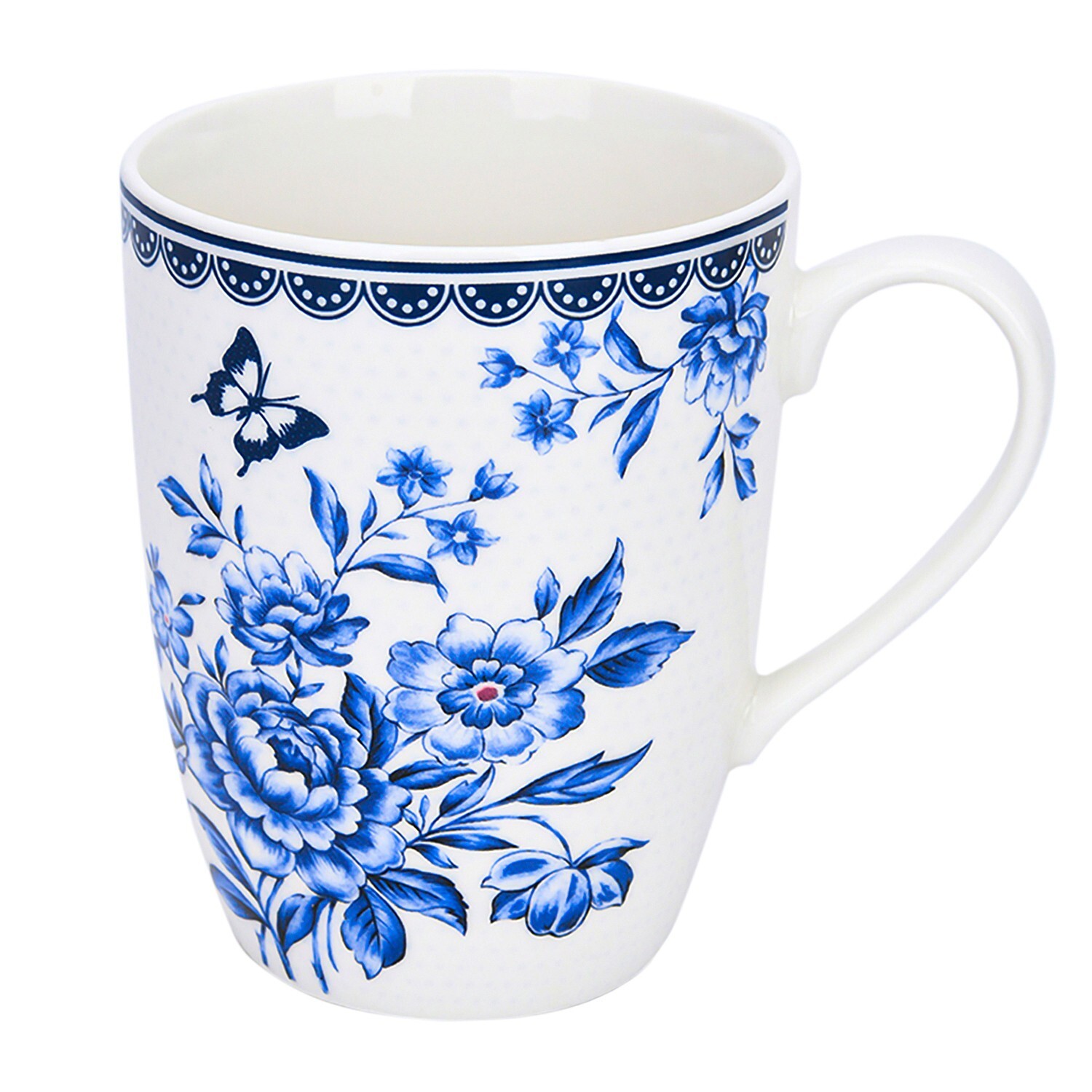 SET OF 4 Blue White Porcelain MUGS Floral Bone China Mismatched Coffee Mugs 12oz