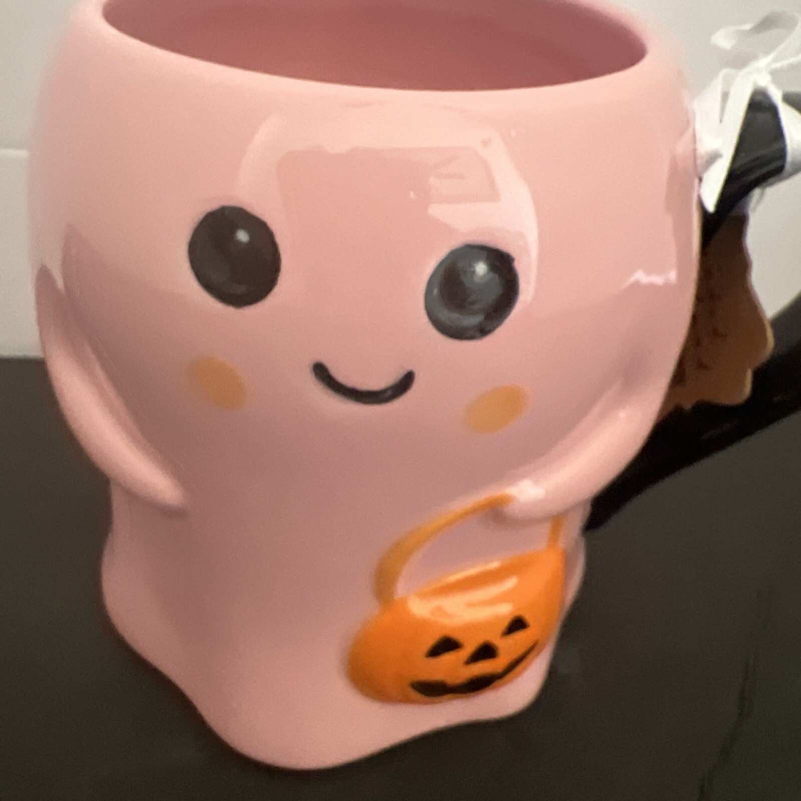 Halloween Pink Ghost Mug holding Jack-O-Lantern Pumpkin Décor LANG 2024 NWT