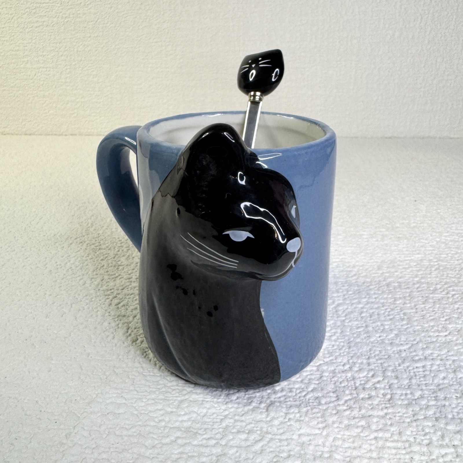 Kawaii 3D Black Cat Ceramic Mug Stirring Spoon Set Blue Gray Heart Coffee Cup