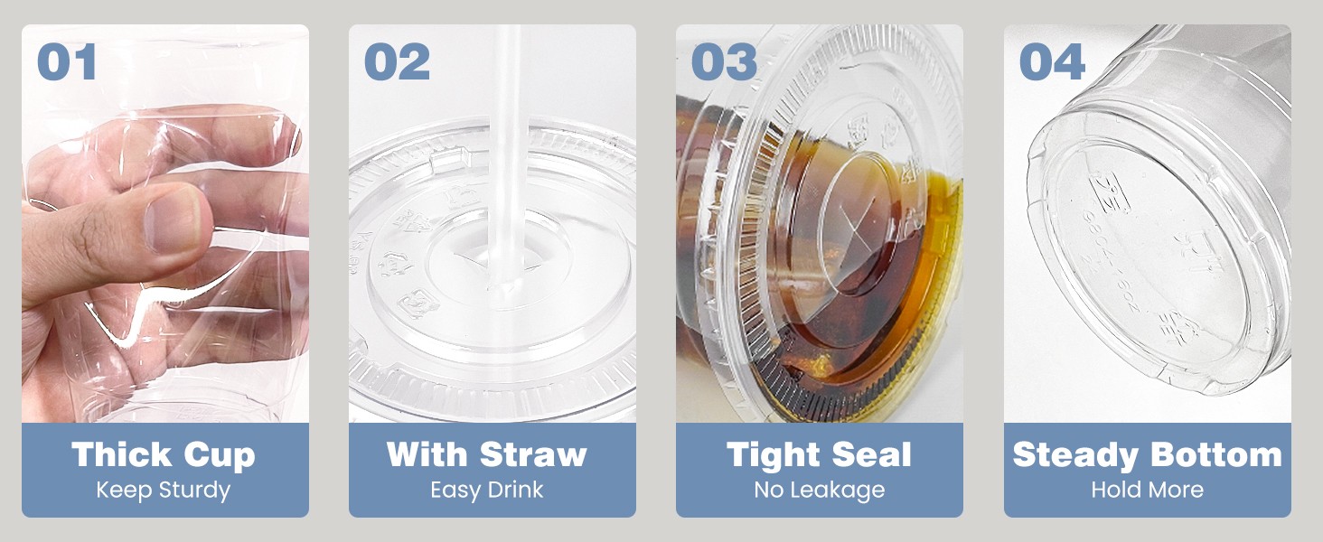100 Sets- Clear Plastic Cups with Lids and Straws, Disposable To Go Cups for