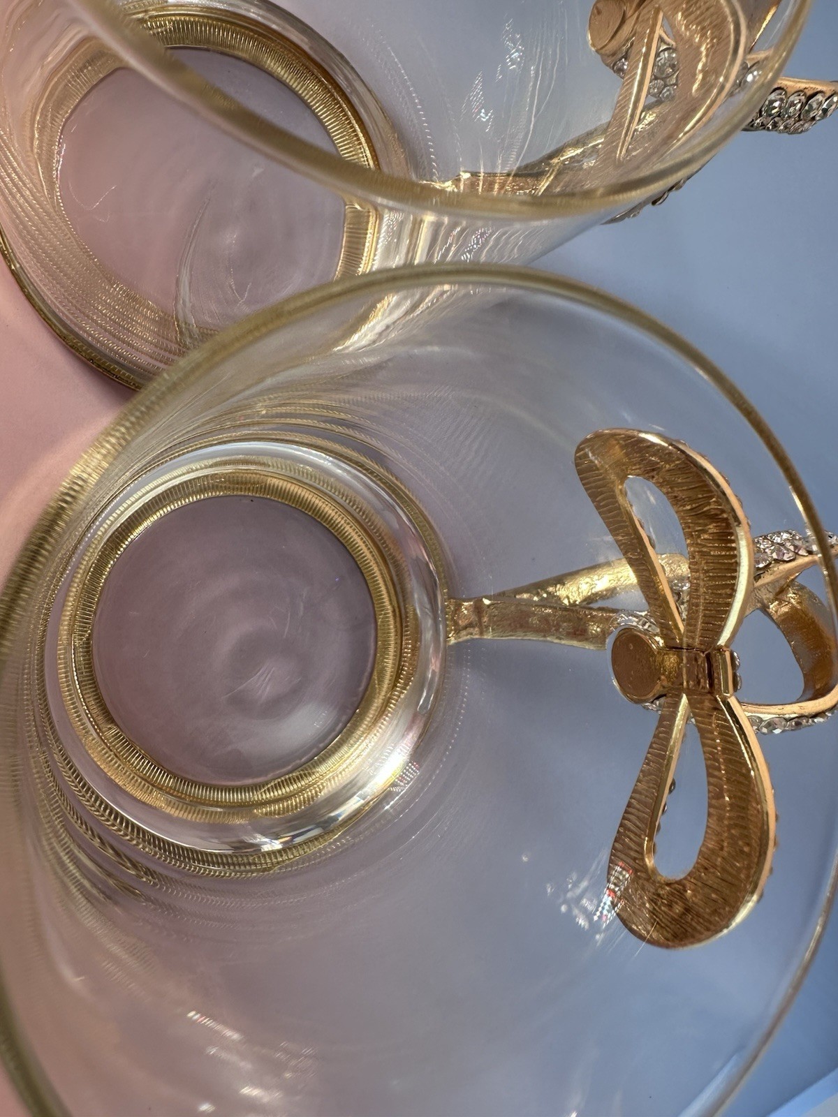 Set of 2 Glass Bow Mugs Gold Tone Rhinestone Bling Handle Decor Any Occasion