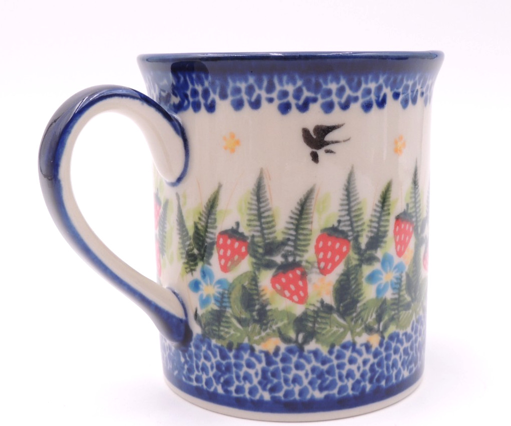 NEW Polish Pottery Cup Mug Kalich Boleslawiec #455 Strawberries Birds RARE