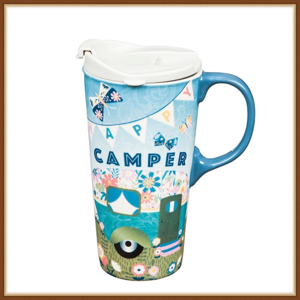 EVERGREEN TRAVEL MUG * HAPPY CAMPER * PERFECT CUP – MATCHING BOX – BRAND NEW