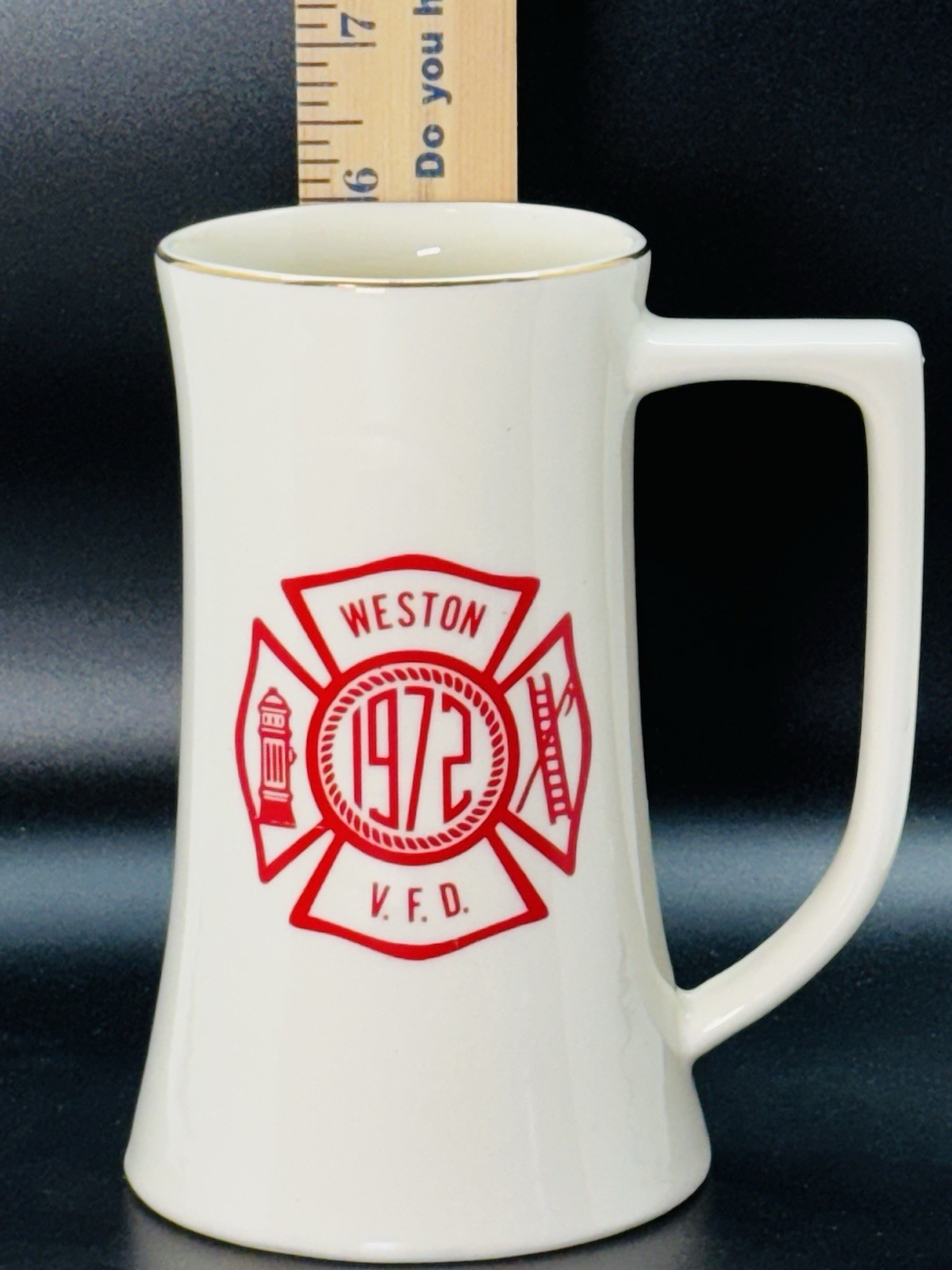 1972 Weston VFD Gold Trim Ceramic Tall Coffee Mug Cup Maltese Cross Firefighter