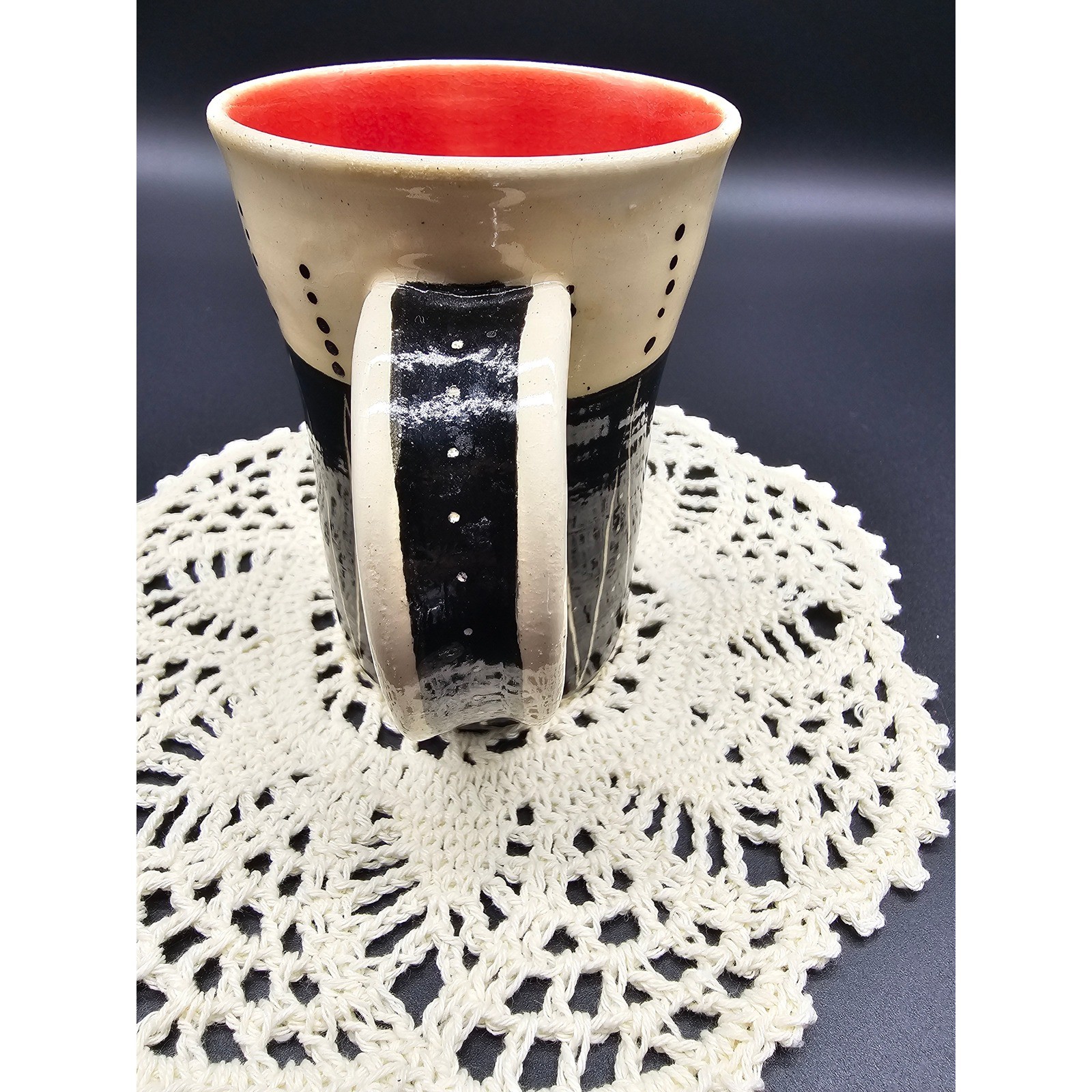 Artisan Studio Pottery Mug Red Interior Black Cream Geometric Hand Painted