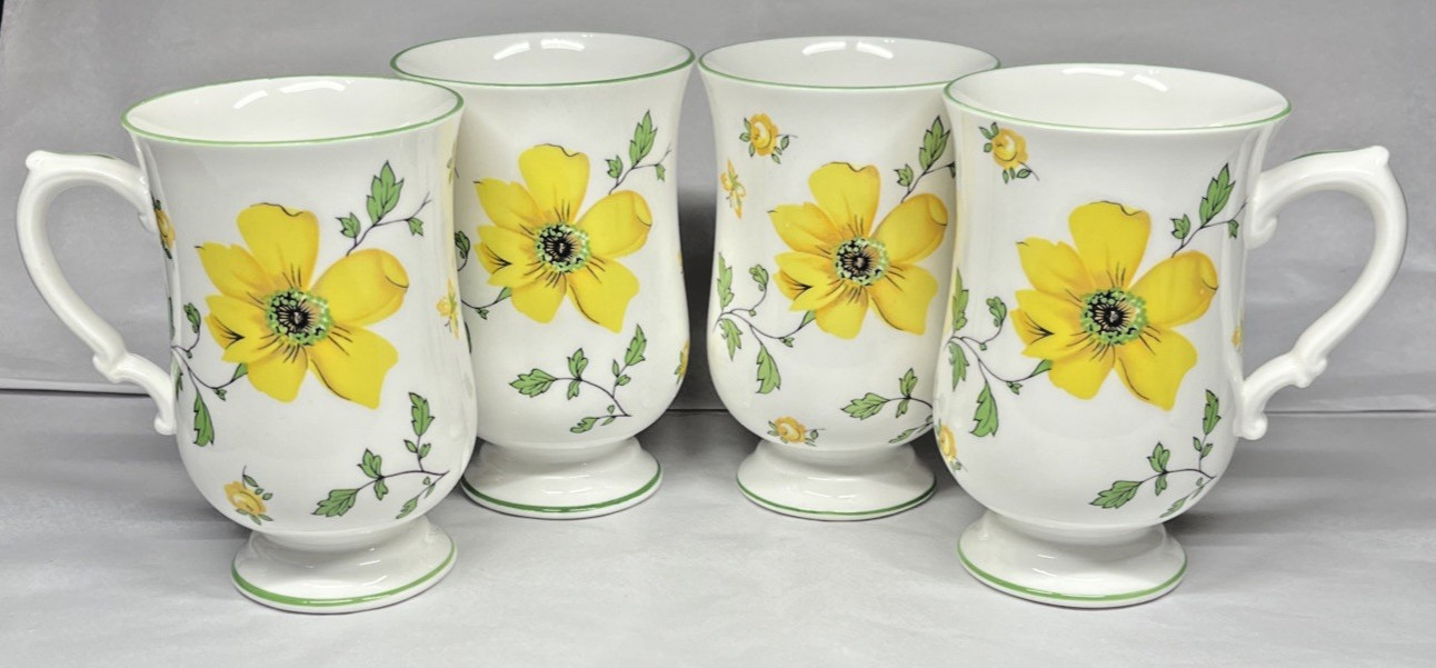 4 Royal Victoria Bone China Yellow Floral Dogwood Footed Cups Mugs England