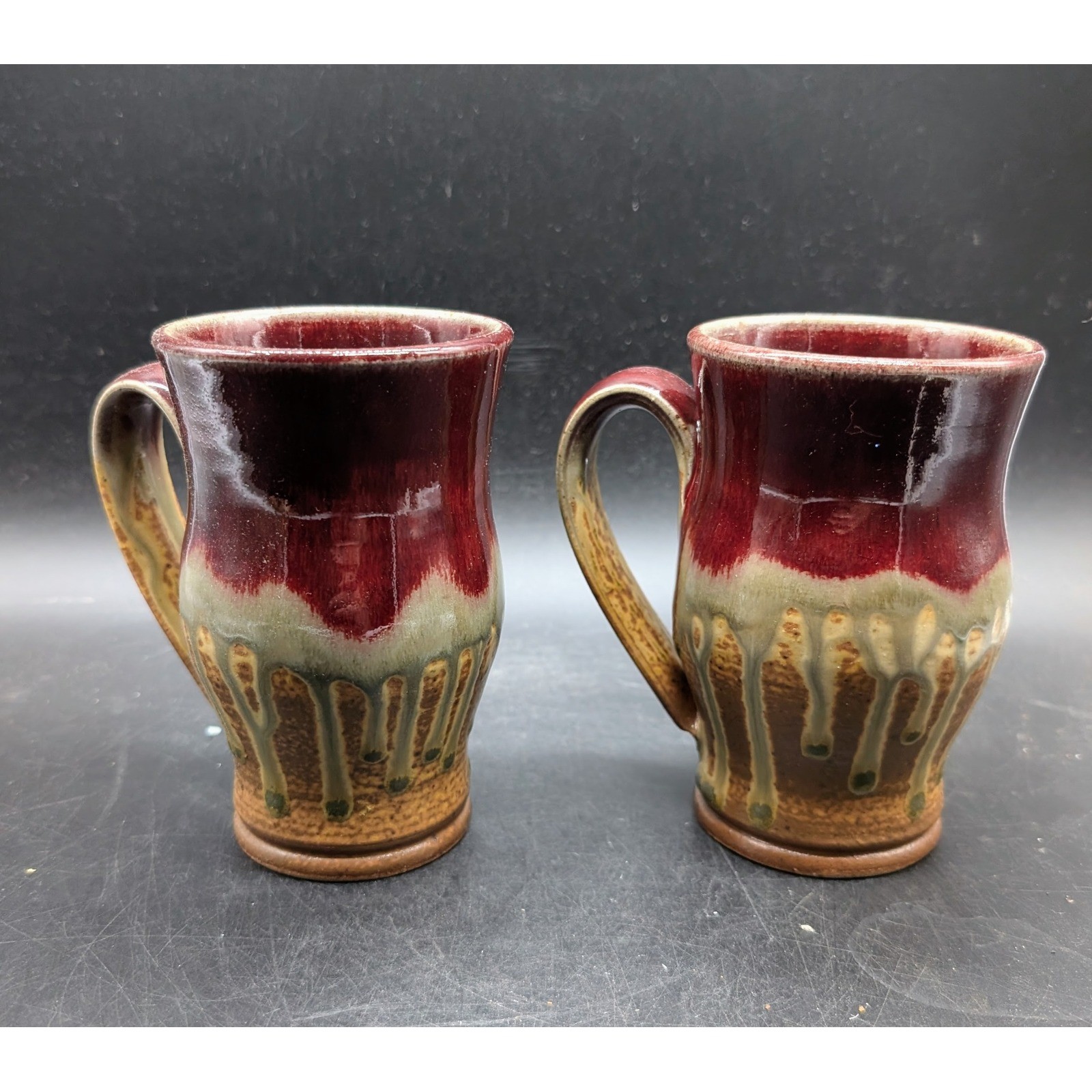 Ray Studio Pottery Signed Mugs Set of 2 Burgundy Green Drip Glaze Stoneware