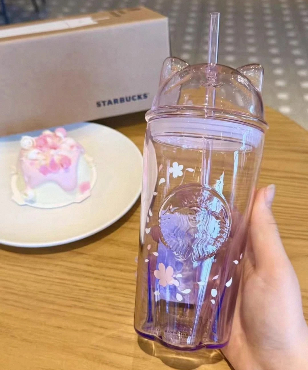 Starbucks Sakura Limited Edition Cat Ear Purple Gradient Glass Cold Cup 500ml