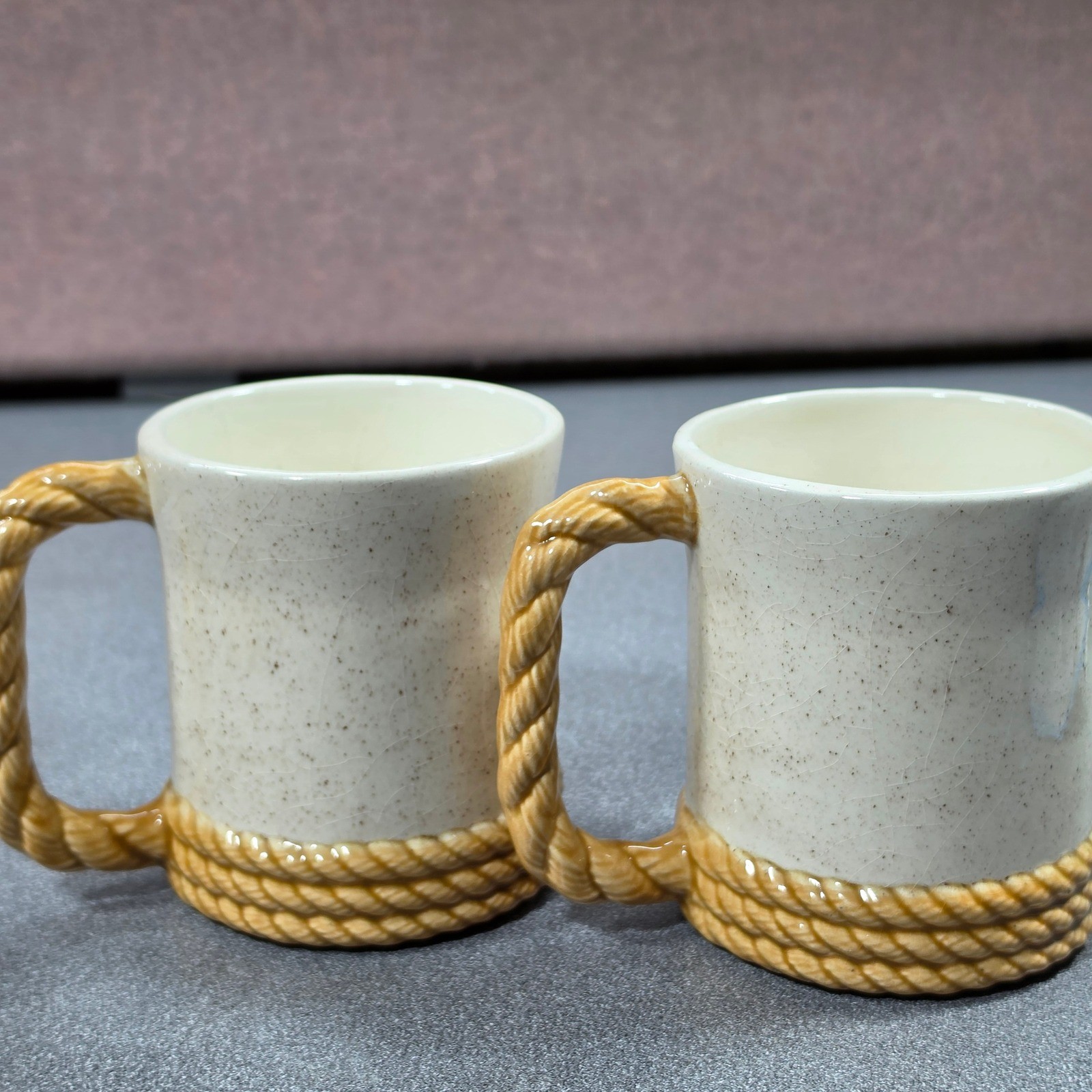 Nautical Ship Mugs Set of 4 Cream Tan Good Rope Handle Crazed Glaze