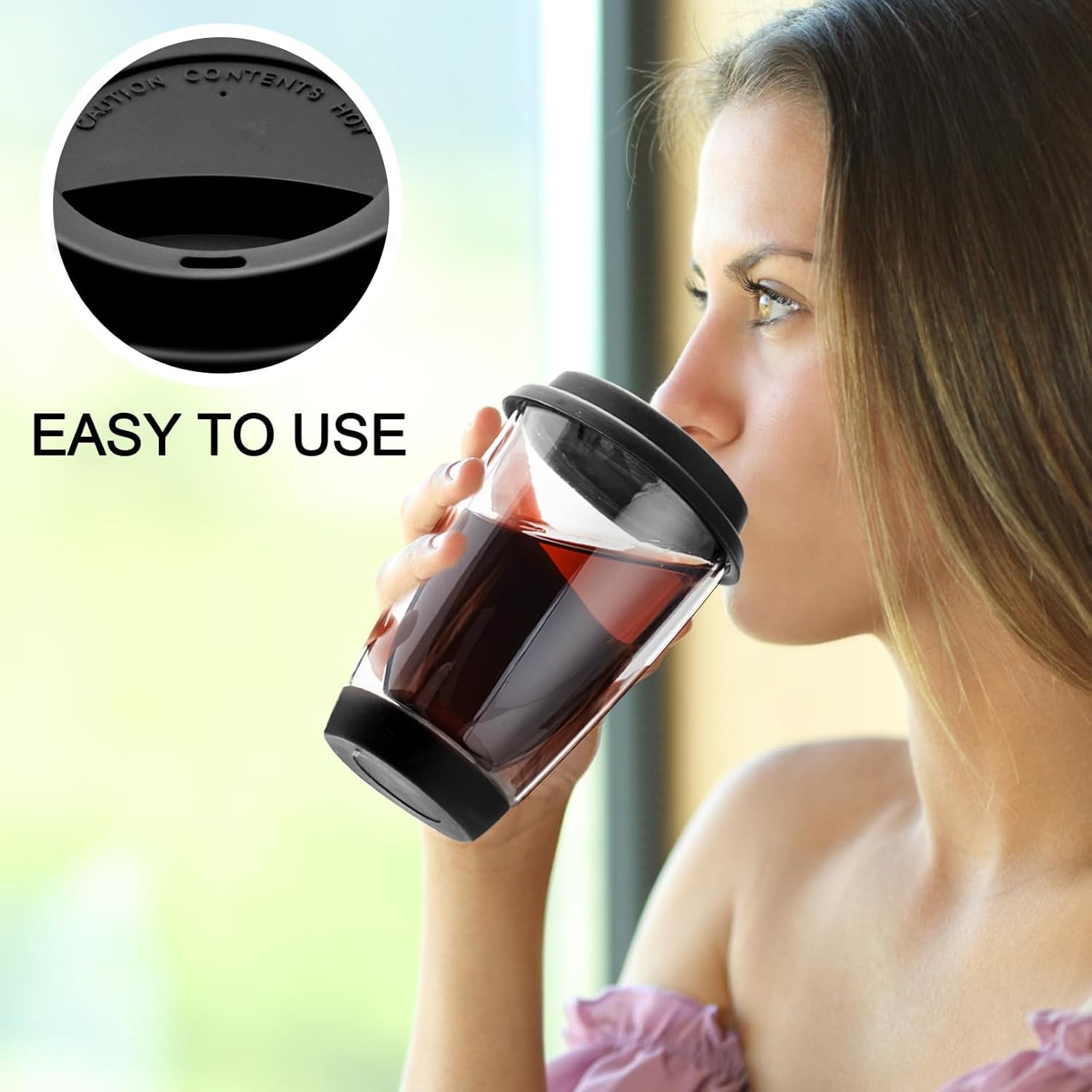 Double Walled Glass Coffee Mugs, Glass Coffee Cugs with Silicone Lid 12OZ,