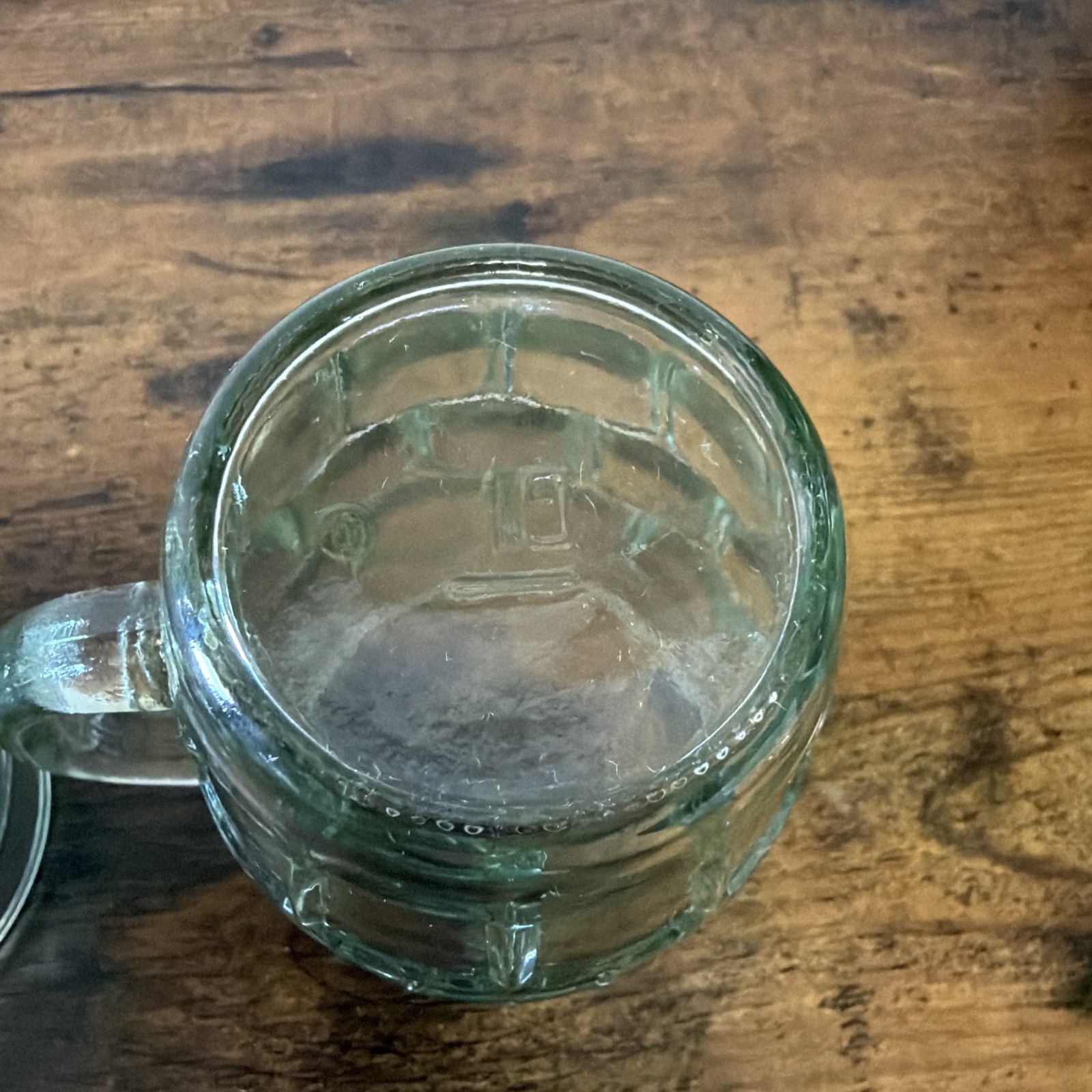 Set of 4 Clear Glass Beer Mugs Geometric Pattern Round 4.75in Green Tint