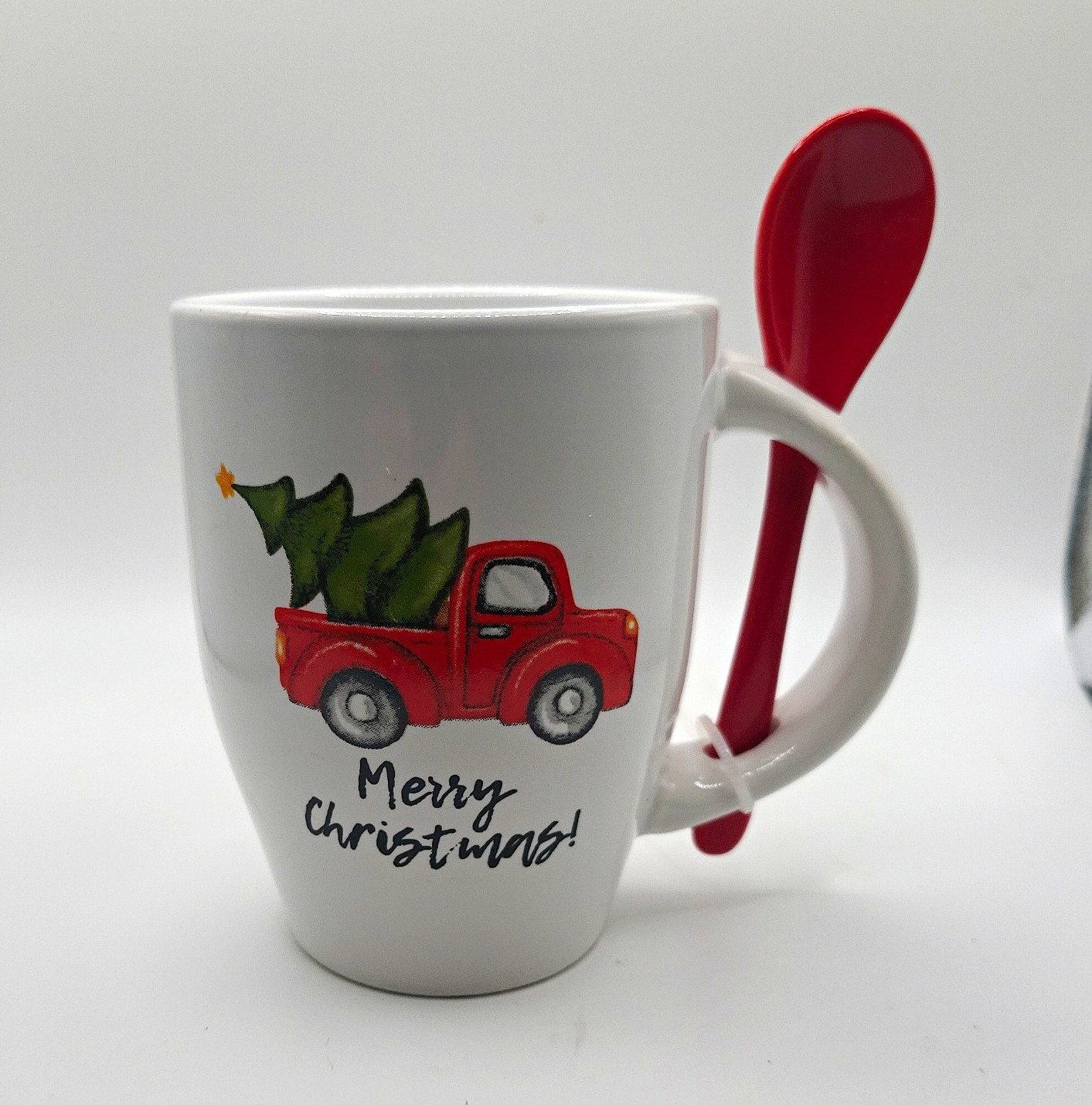 Ceramic 12 fl oz Christmas Coffee Mug w/ Spoon, Red Truck & Tree, White
