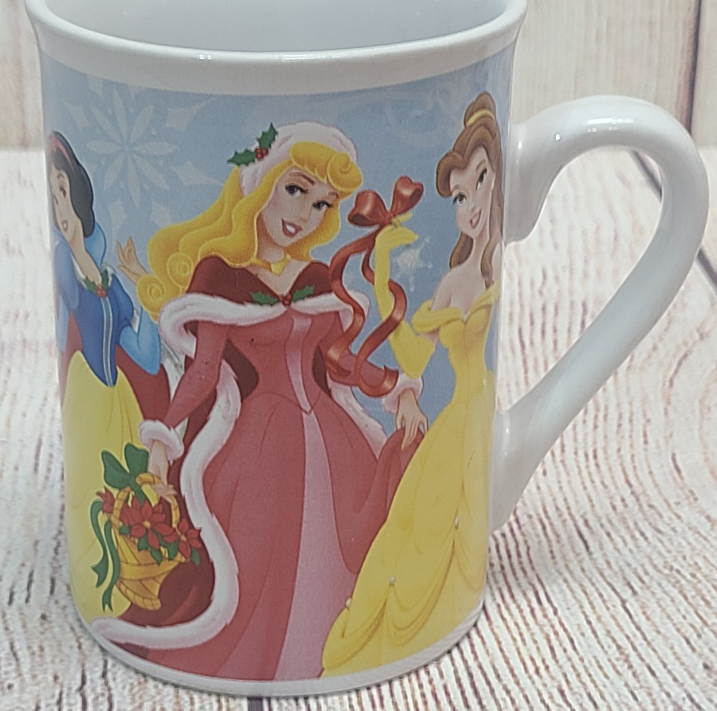 Disney Princesses Christmas Coffee Cup Mug Ceramic Belle Cinderella White Blue