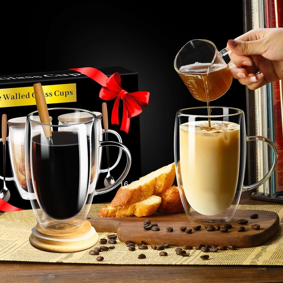 Double Wall Glass Coffee Mugs 16OZ with Bamboo Lid/Spoon, Glass Coffee Cups Set