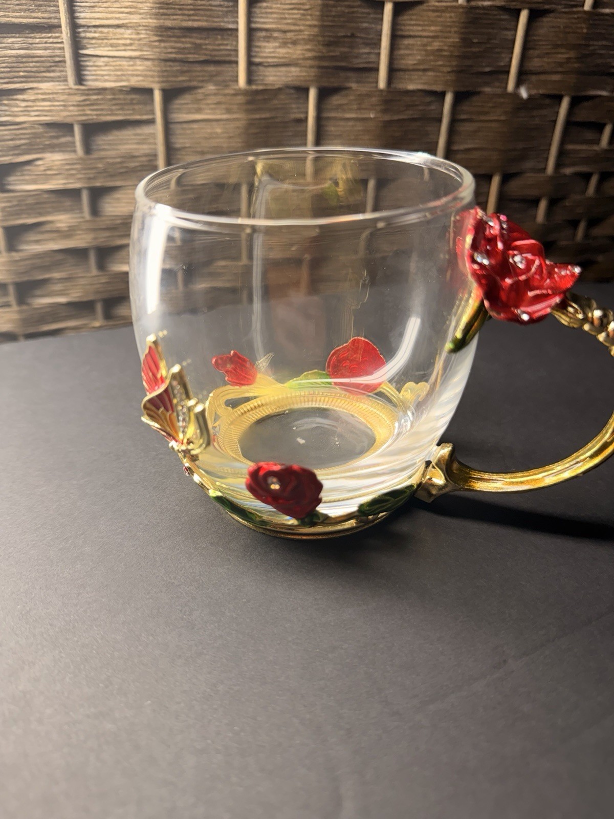 Decorated Glass Mug with Red Floral Butterfly Design Gold Handle Art Nouveau