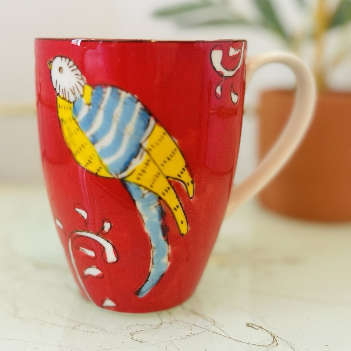 World Market Ceramic Coffee Mug 12 fl oz Red Floral Decor Dishwasher Safe