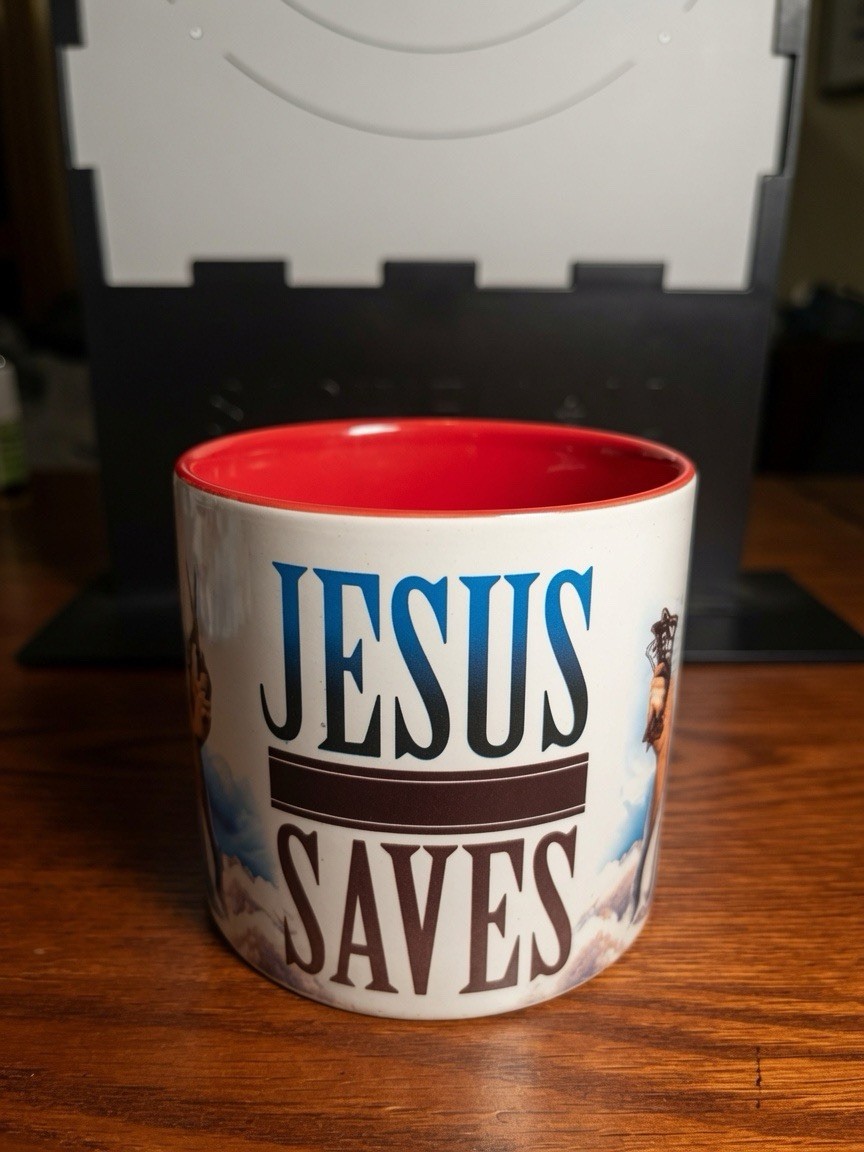 Jesus Saves Jesus Shaves Novelty Mug Red Handle Christian Humor