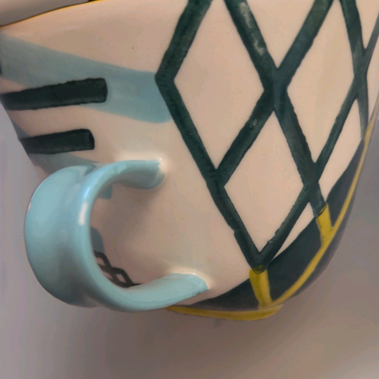Anthropologie Yellow Green Blue White Graphic Art Deco Cup Mug Coffee