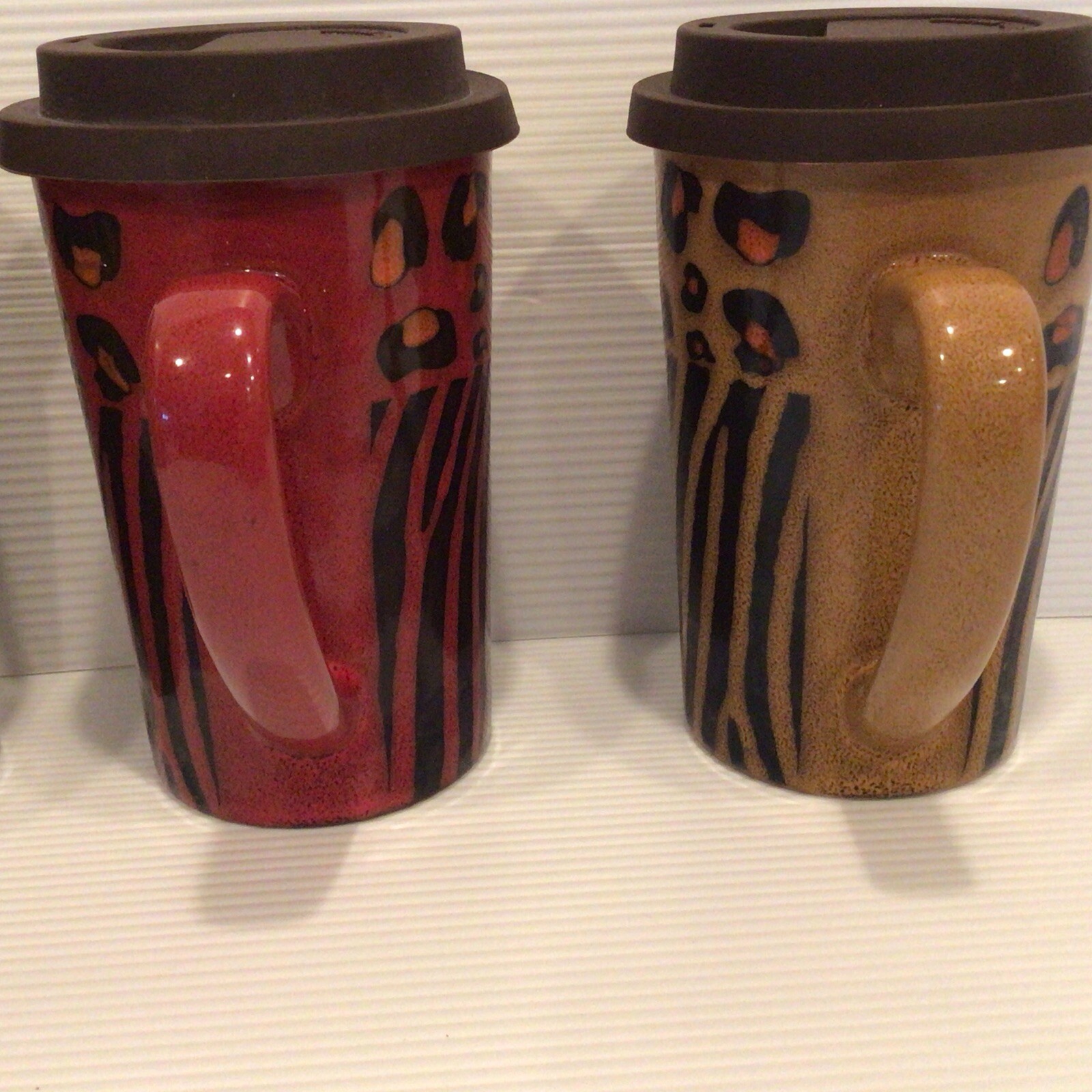 Coffee Mugs, Lids Set/3 15oz Ceramic Animal Print Zebra Leopard Nature Home READ
